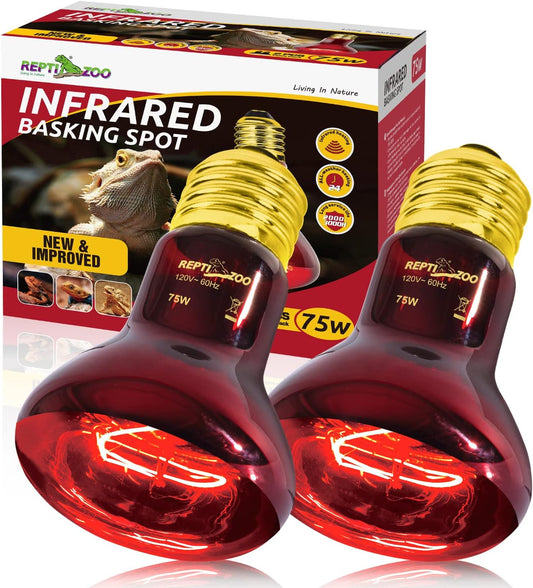 REPTI ZOO 75W Reptile Heat Lamp Bulb 2PCS Infrared Heat Emitter Red Heat Lamp for Reptile Amphibian, Infrared Basking Spot Light Bulb