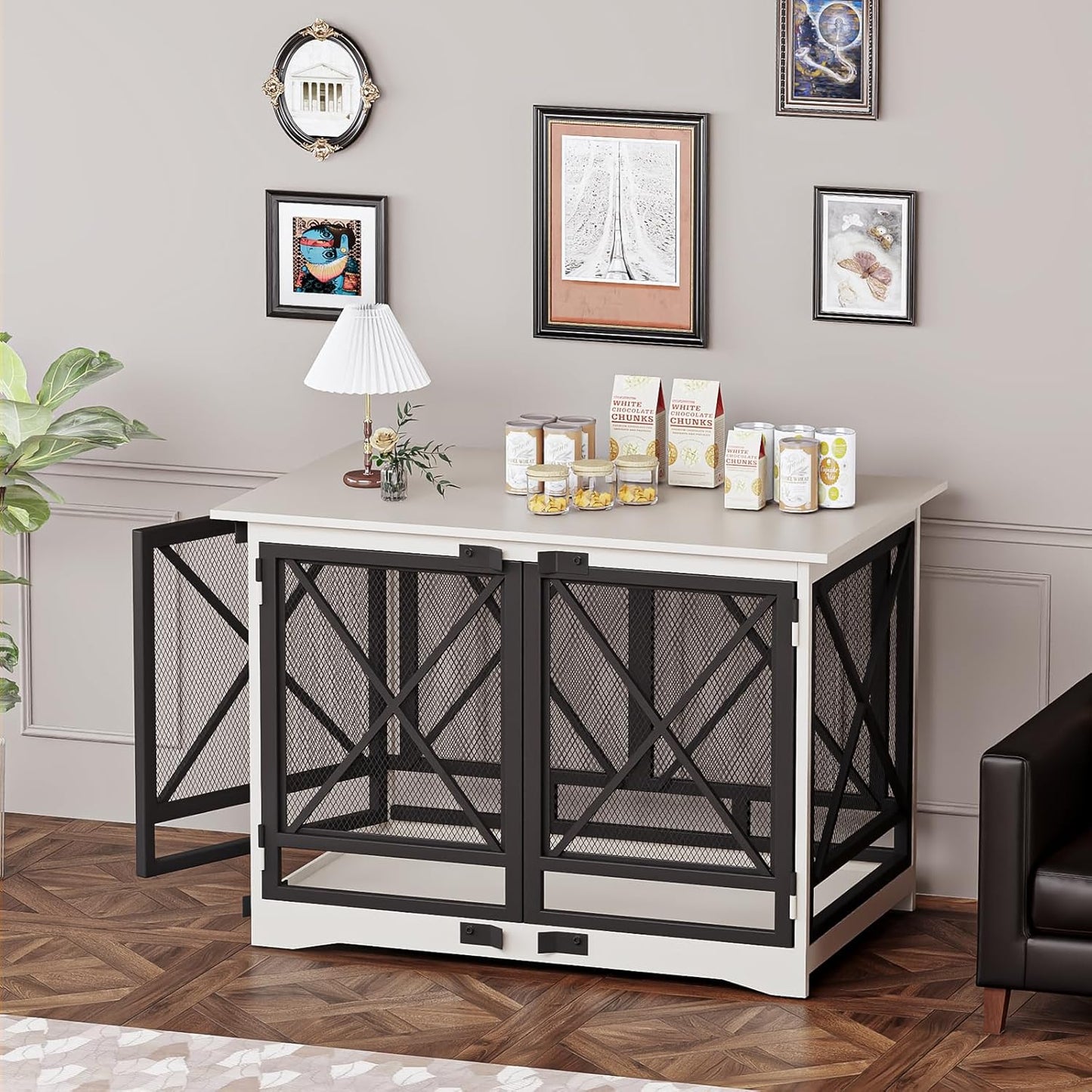 COZPAW Large Dog Crate Furniture - 48 inch Heavy Duty Dog Kennel Indoor for XLarge Breed with Double Doors, Wooden Dog Cage XL Modern Decorative End Table Pet House (White)