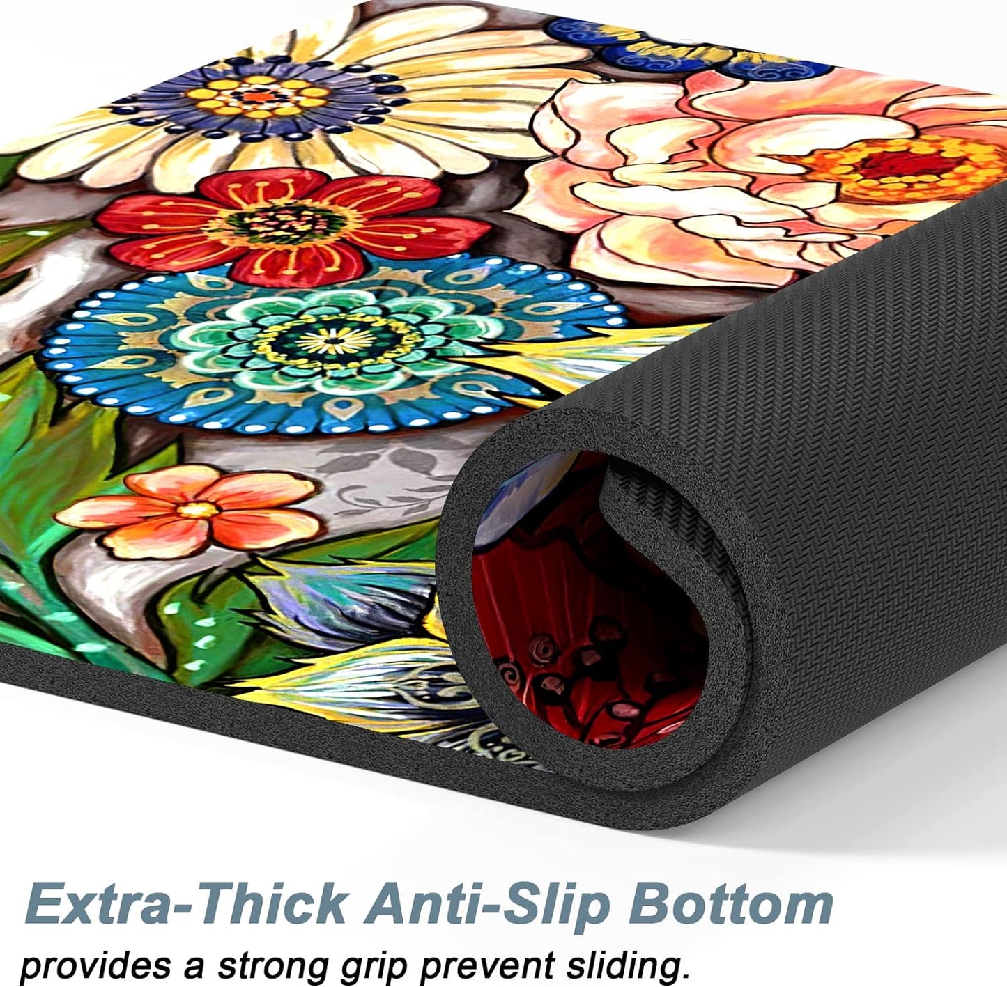 Rnivvi Dog Food Mat, 12" x 19" Flower Absorbent Dog Cat Bowl Mat for Food and Water, Cute Anti-Slip Rubber Pet Feeding Rug Protect Floors, Puppy Placemat for Feeding & Watering Supplies,Mandala Floral