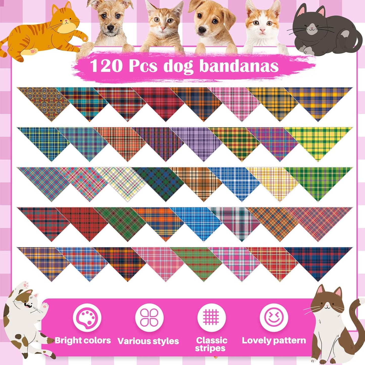 Sanwuta 120 Pcs Plaid Dog Bandanas Bulk Pet Scarves Adjustable Soft Cute Dog Triangle Scarfs for Medium Small Dogs Cats Large Puppy