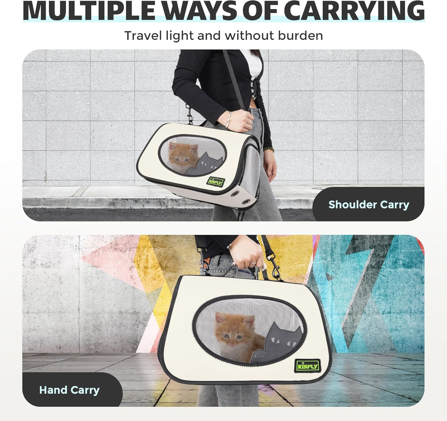 Cat Carrier Purses for Women, Airline Approved Pet Travel Bag for Cats, Kittens, Rabbits up to 10 lbs - Collapsible, Soft-Sided,16x10x10 in, Breathable Mesh with Kitty Pattern, Collar and Leash, Cream