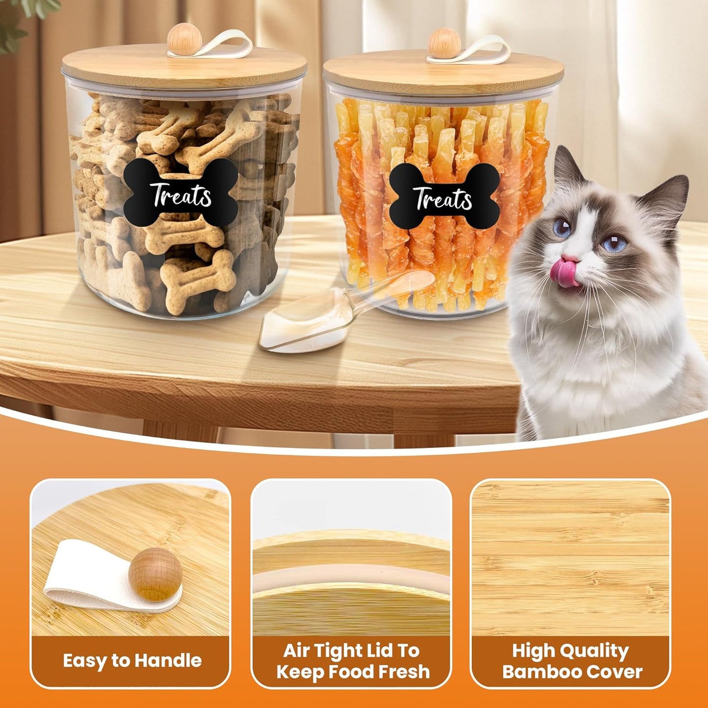 2 Pack Airtight Dog Food Storage Container, Dog Treat Container Dog Food Container with bamboo Lids 6x5'',Pet Food Storage Container,Cat Food Container with Scoops,Clamp,Labels,Pen
