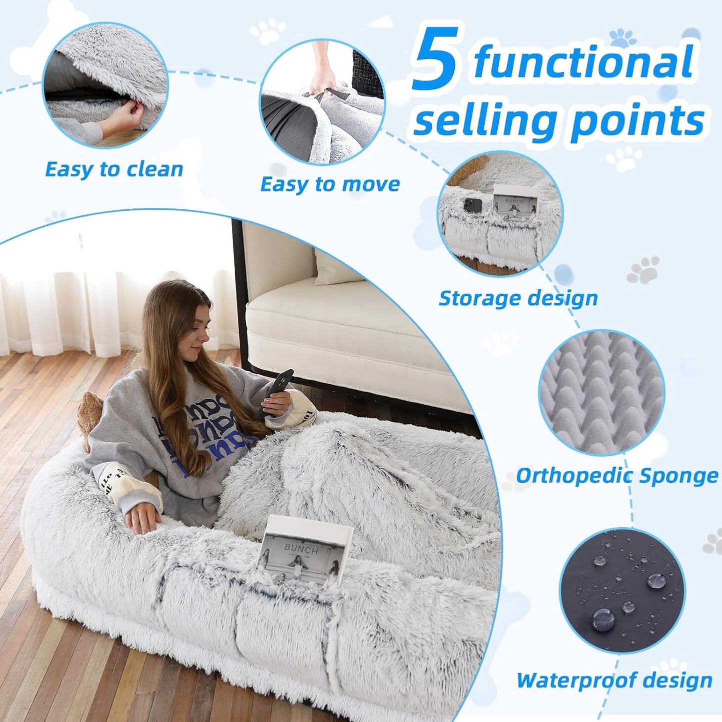 Human Dog Bed - 71"x45"x12" Fits You & Pets, Washable Faux Fur, Orthopedic, Plump Pillow, Blanket, Strap - Grey