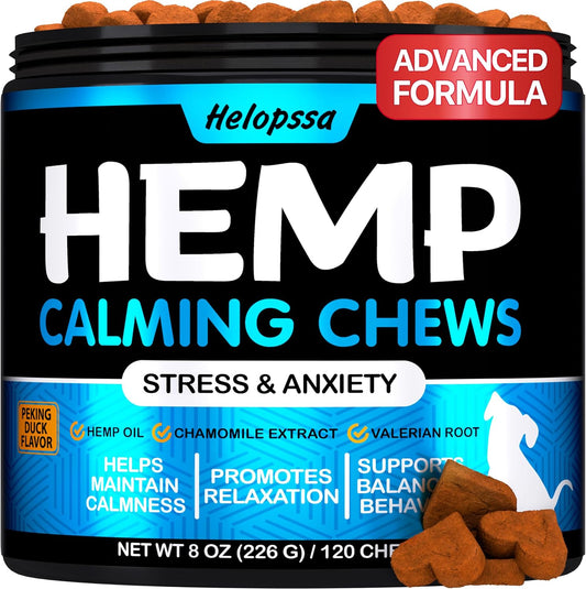 Hemp Calming Chews for Dogs with Anxiety and Stress - Anxiety Relief Chews for Storms, Fireworks, Thunder, Barking, Separation - Valerian, L-Tryptophan, Hemp Oil - Peking Duck- 120 Dog Calming Treats