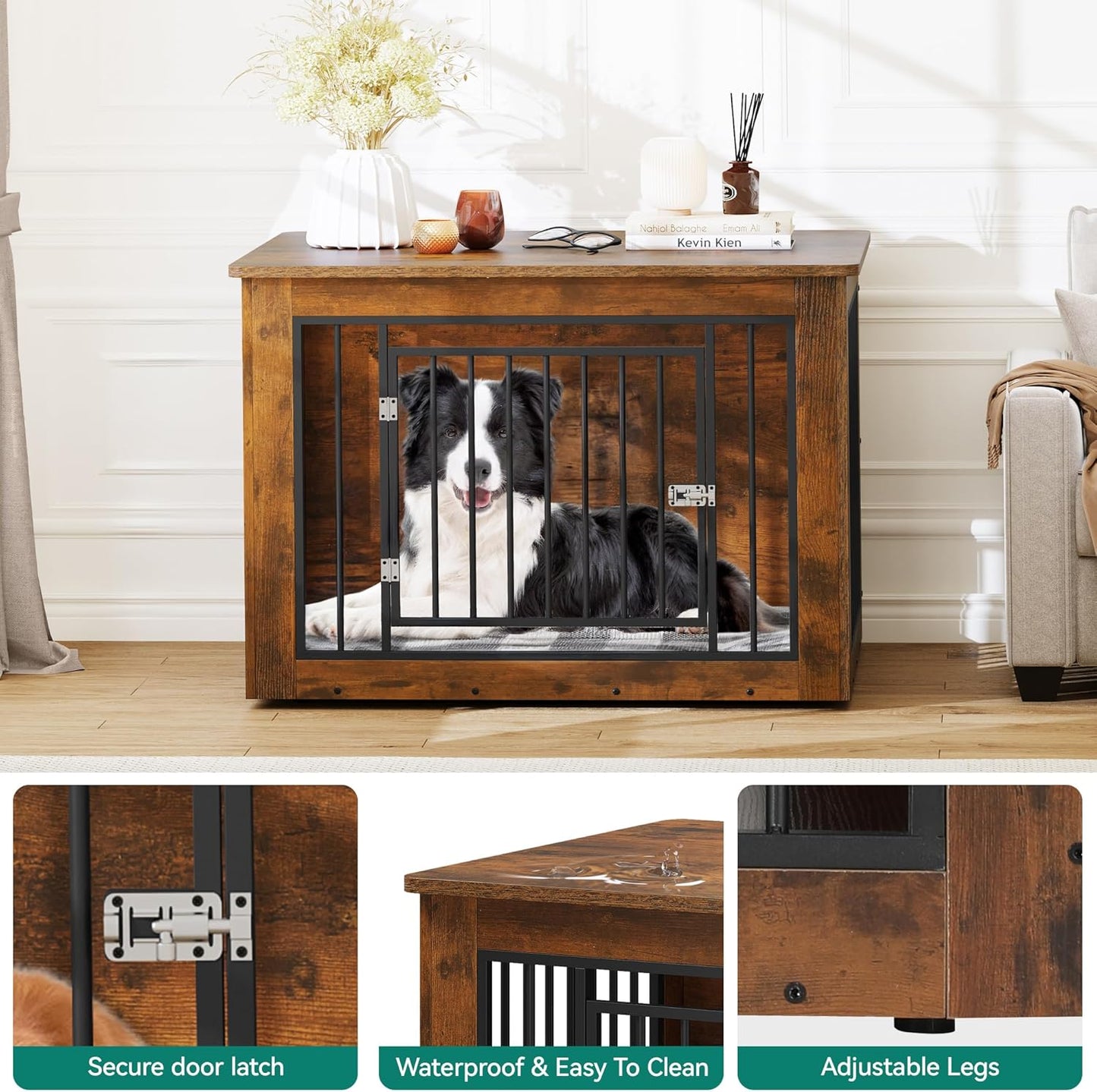 YITAHOME Dog Crate Furniture for Large Dogs, Side End Table, Modern Dogs Kennel Indoor up to 60 lb, 2-in-1 Iron-Wood Fusion Dog Cage with Waterproof Top, Safety Corners, Steel Lock,38" L,Greige