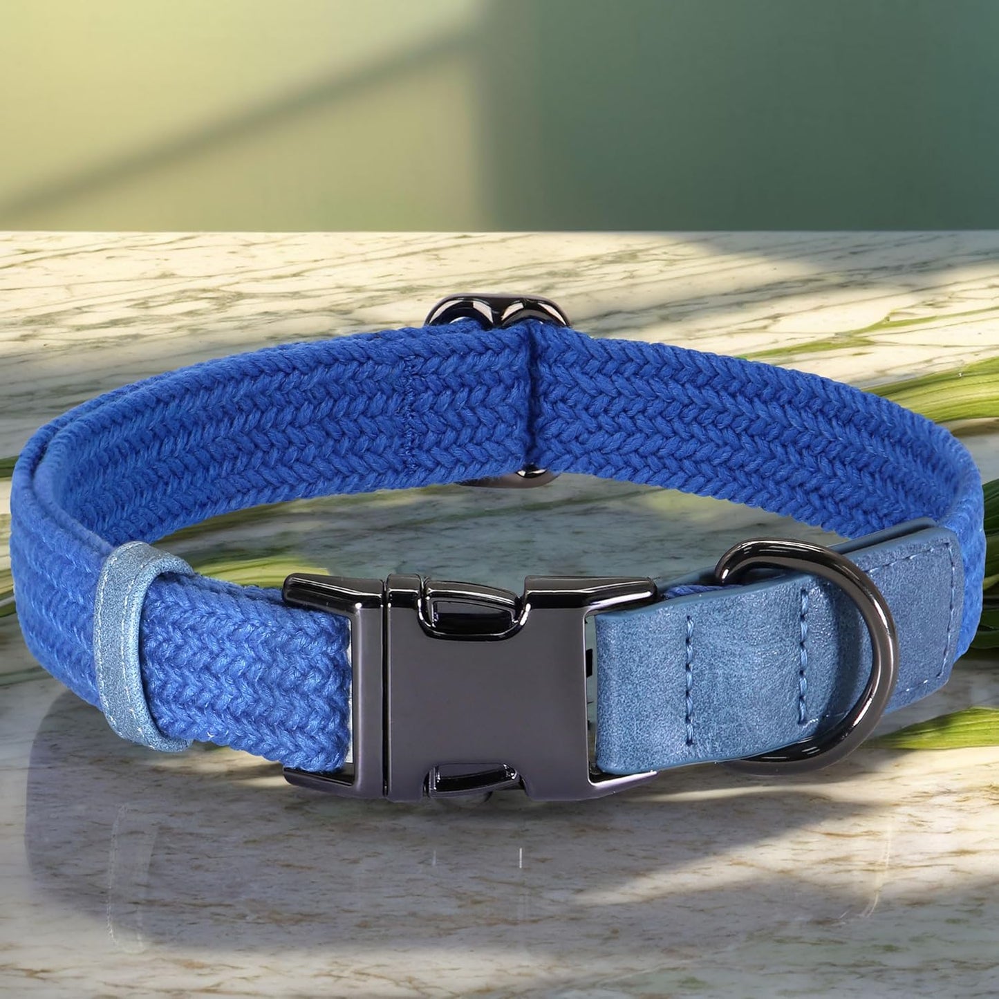 PET ARTIST Soft Cotton Dog Collar for Large Dogs in Tranquil Blue, Simple Dog Collar with Quick Release Metal Buckle & D Ring, L Size (15-23")