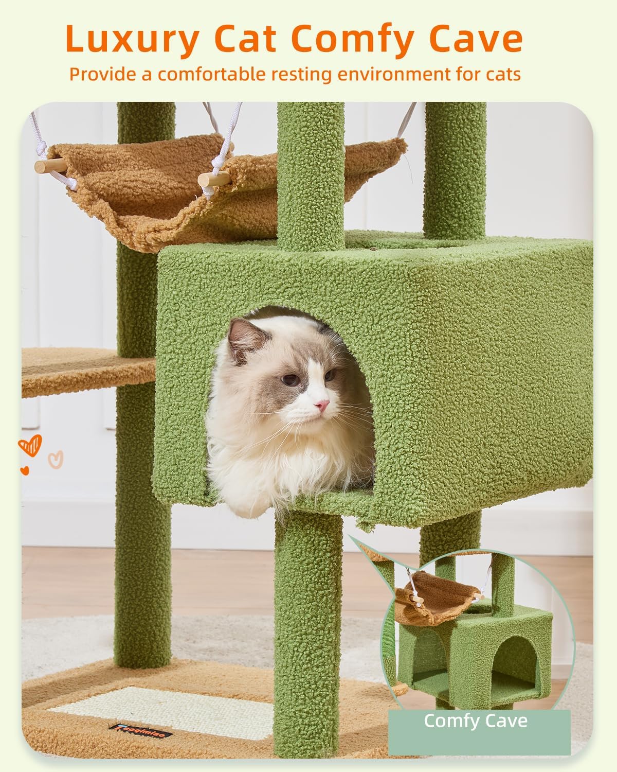 Taoqimiao Cat Tree, 68-Inch Cat Tree Cat Tower for Indoor Cats, Plush Multi-Level Cat Condo with 6 Scratching Posts, 2 Perches, 2 Caves,Hammock, 3 Pompoms,MS020ST Cactus