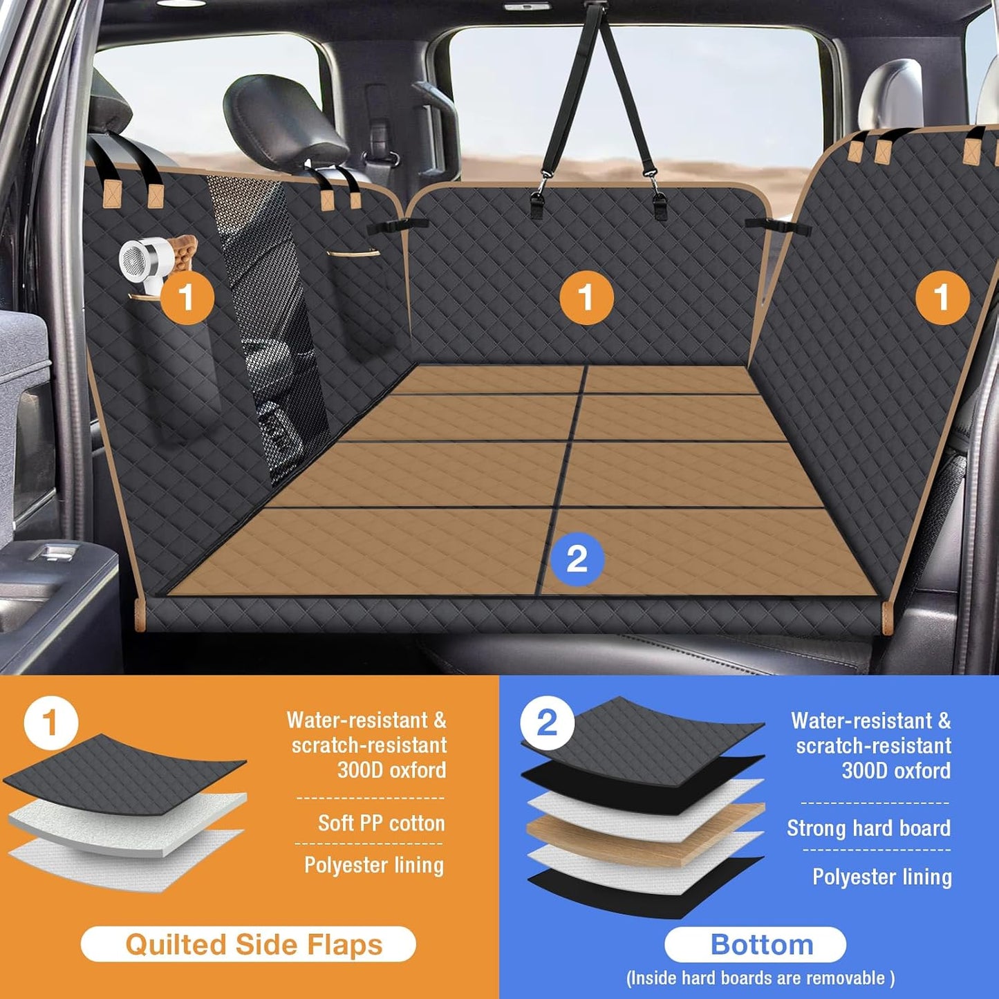 Dog Car Seat Cover for Back Seat, Larger Dog Car Bed Cover with Hard Bottom, Backseat Extender Hammock for Full SizeTruck/SUV 8 Panels - Black