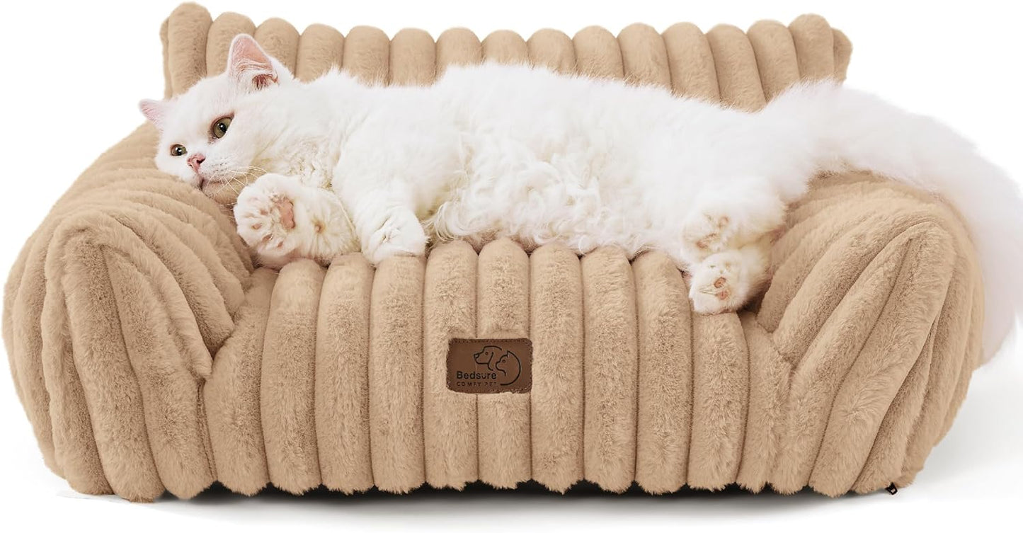 Bedsure Cute Cat Couch for Pets - Fluffy Cat Sofa with Premium Soft Corduroy Fleece, Fuzzy Pet Couch Bed with Removable Washable Cover, Supportive Pet Chair for Indoor Cats, 24inch, Tuscan Beige
