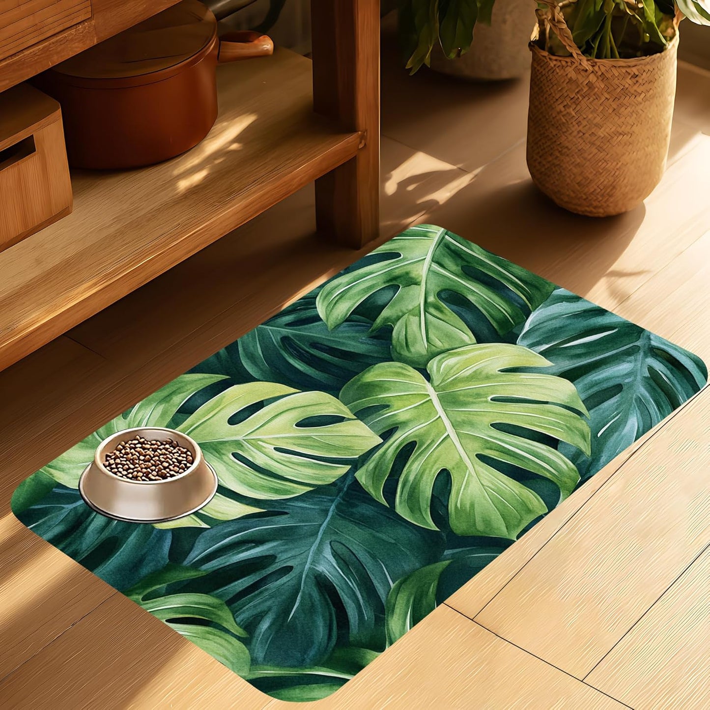 Tropical Palm Leaves Pet Feeding Mat-Quick Dry Absorbent Dog Cat Food Mat, Anti-Slip Water Bowl Mats for Messy Eaters-No Stains Indoor Pet Accessories 16"x24"