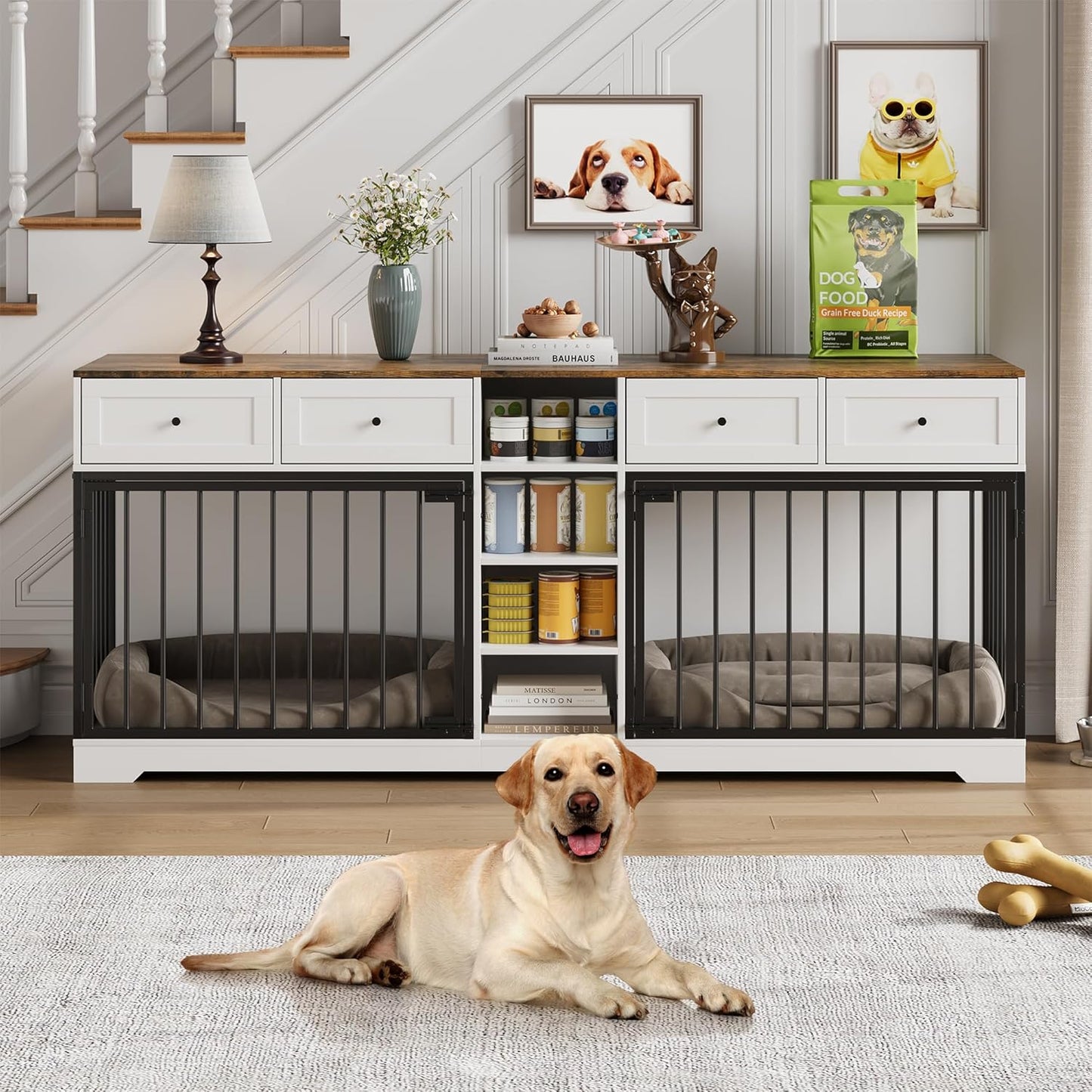 GarveeHome 82" Double Dog Crate Furniture, Large Dog Kennel Indoor for 2 Dogs, Heavy Duty Wooden Dog Crate TV Stand with 4 Drawers and Shelves, White/Brown