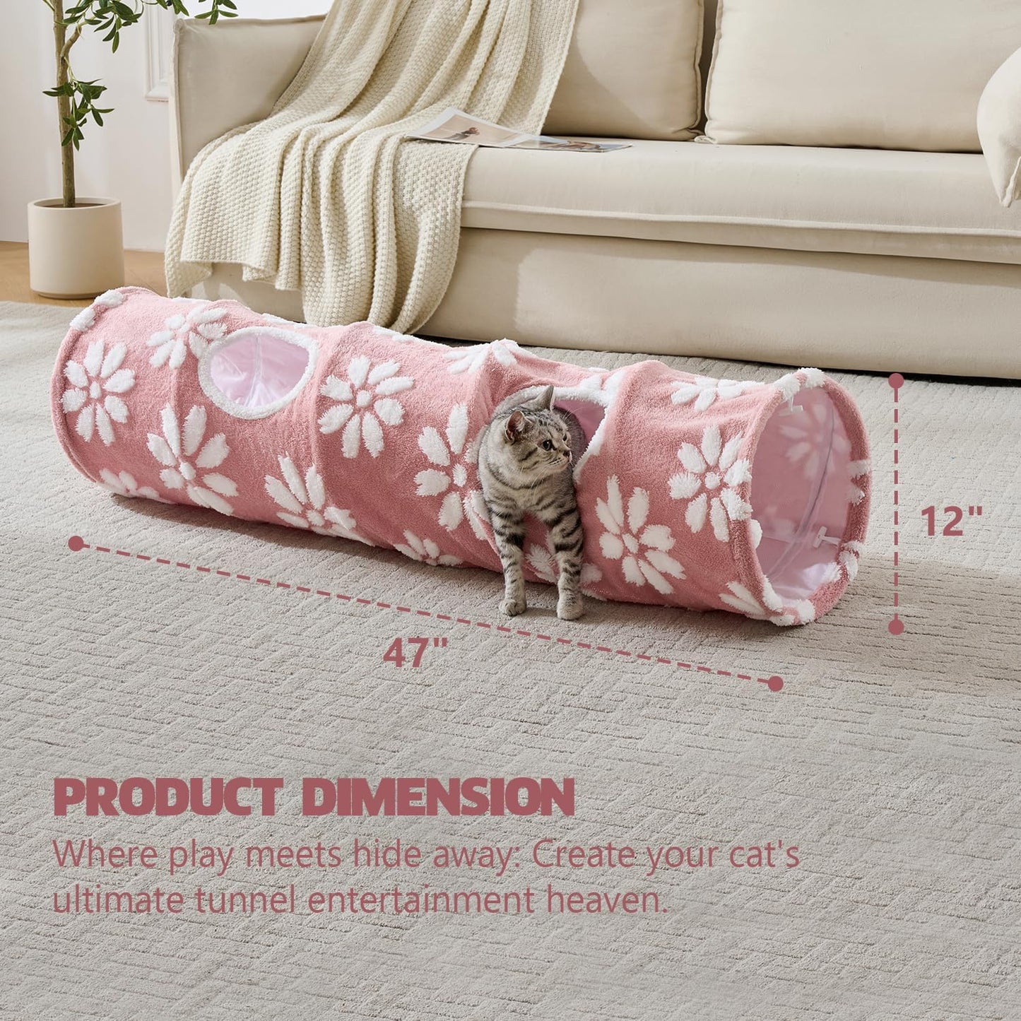 Straight Cat Tunnel for Indoor Cats 47"x12", Cute Cat Toys Collapsible Tunnel Tube with Balls for Puppy Kitten Rabbit, Pink Flower