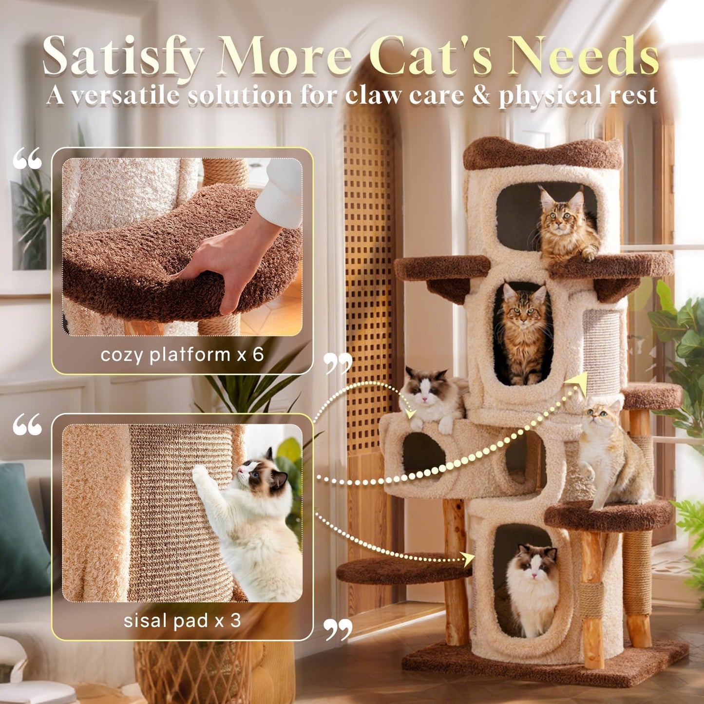 69.69'' Modern Cat Tree for Indoor Cats Large Adult, Luxury Cat Tower with Scratching Post, Multi Level Spacious Condo, Heavy Duty Kitty House, Sturdy Cat Activity Center for Large Cat