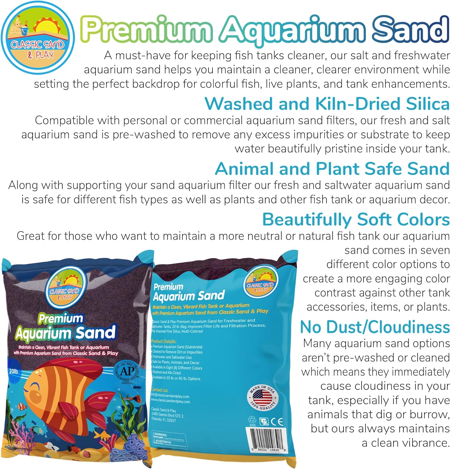CLASSIC SAND & PLAY Natural Aquarium Sand for Freshwater and Saltwater Tanks, 20 lb. Bag, Improves Filter Life and Filtration Process, Pre-Washed Fine Sand, Purple