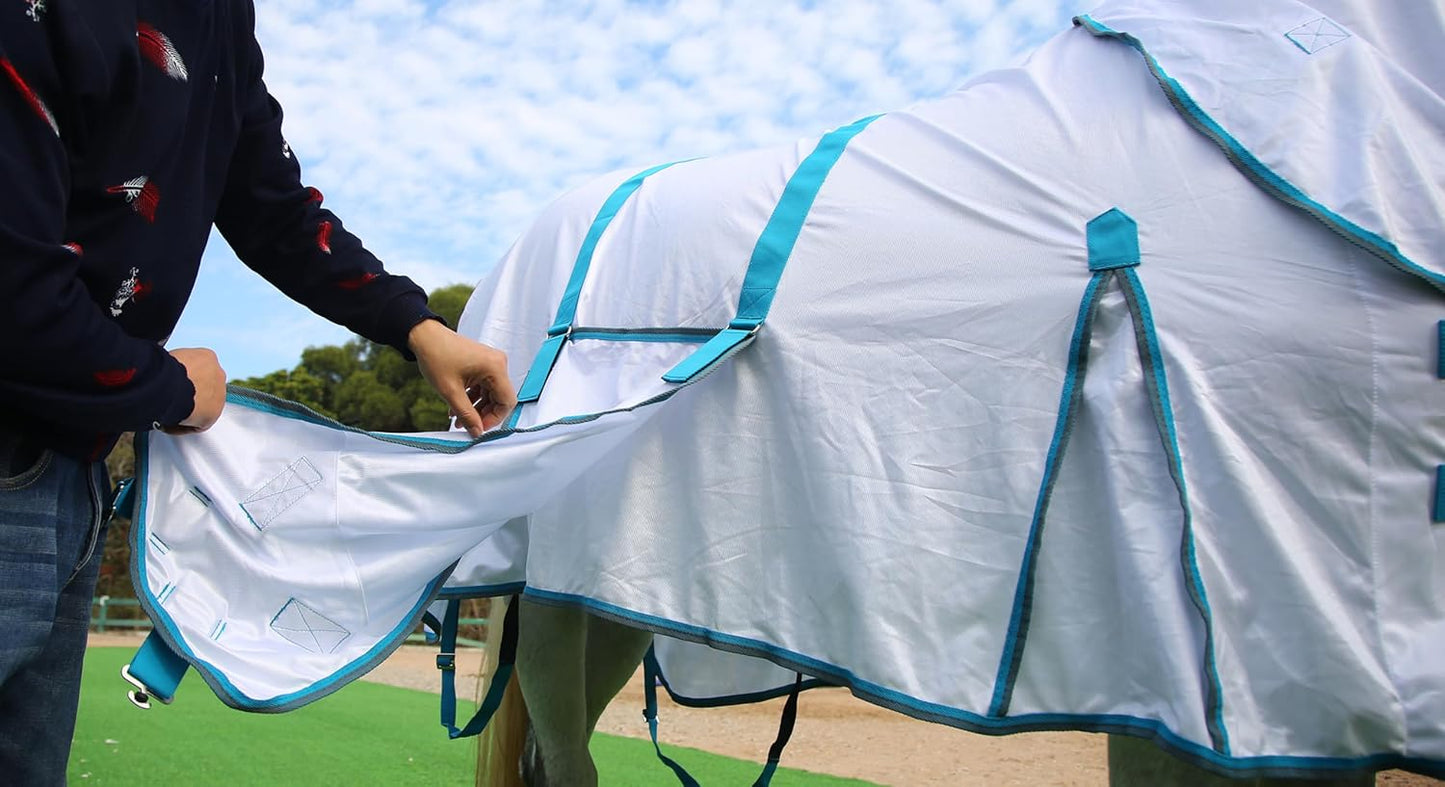 Horse Fly Sheet with Detachable Neck Cover & Belly Wrap, Adjustable Fly Sheet for Horses, Ventilated Airflow Mesh Equine Cooling Summer Flysheet White 81