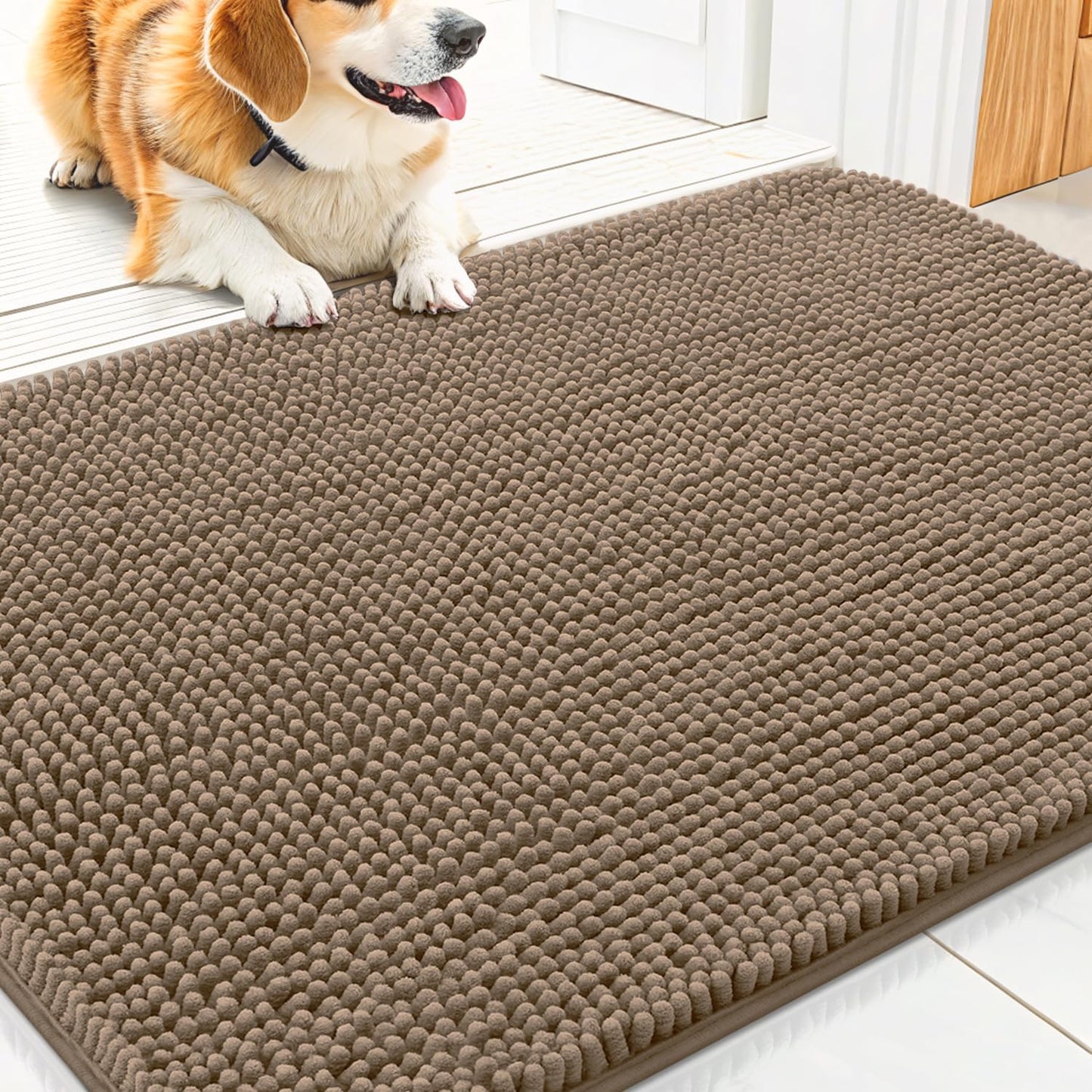 Smiry Dog Door Mat for Muddy Paws 30x20, Absorbs Moisture and Dirt Doormat, Non-Slip Washable Quick Dry Chenille Front Door Mat Indoor Entrance, Entryway Carpet for Inside Floor, Camel