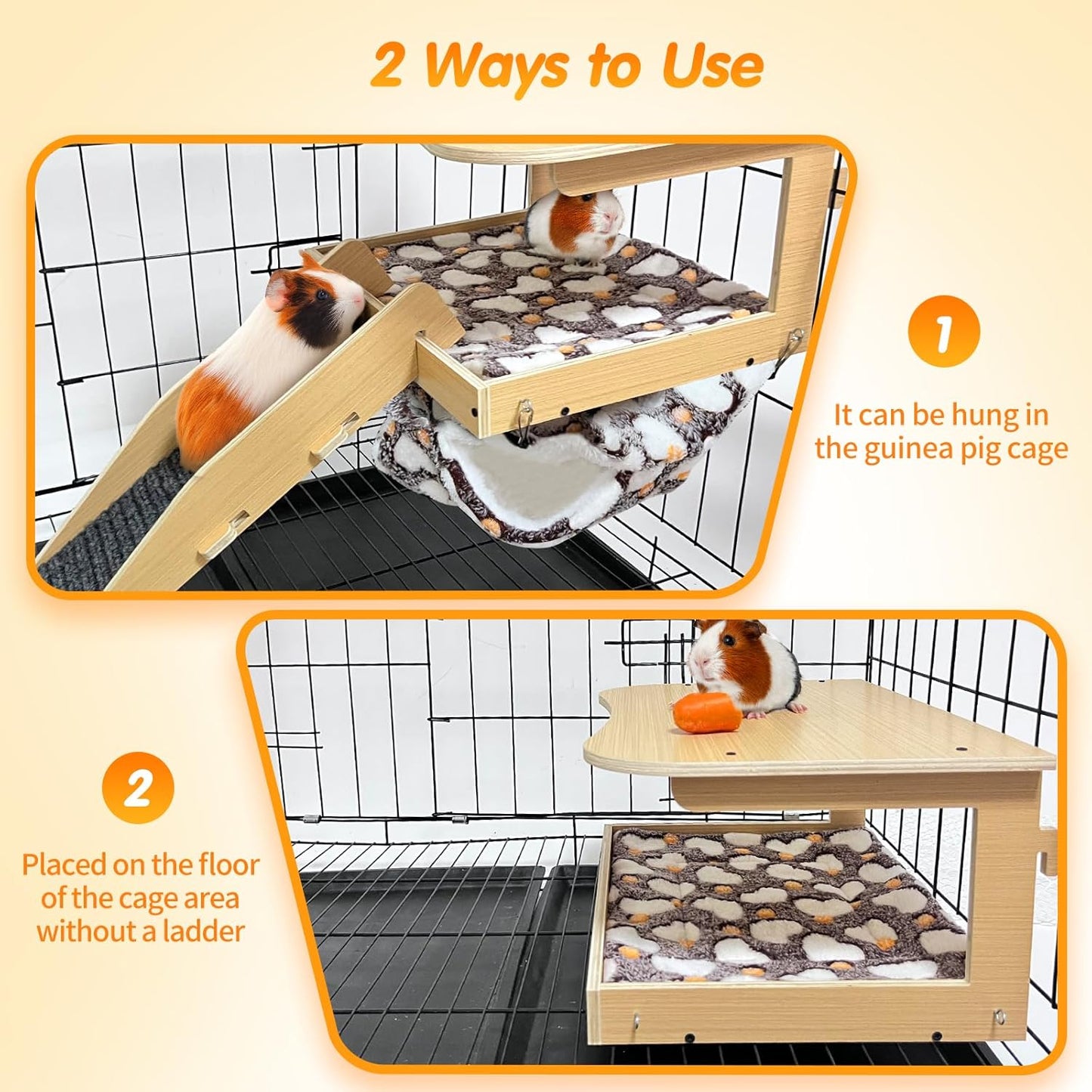 Guinea Pig Hideout，Natural Wood Removable Guinea Pig Bed, Small Animal Habitat with Hanging Hammock/Staircase/Cushion, Suitable for Small Animals to Hide, Rest, Play