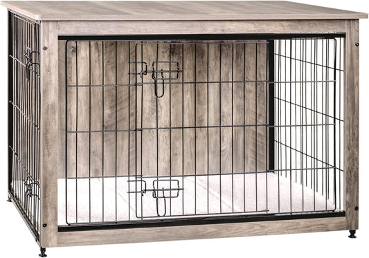 DWANTON Dog Crate Furniture with Cushion, Wooden Kennel Table with Double Doors, Indoor Dog House, Large Size, 38.5" L, Greige