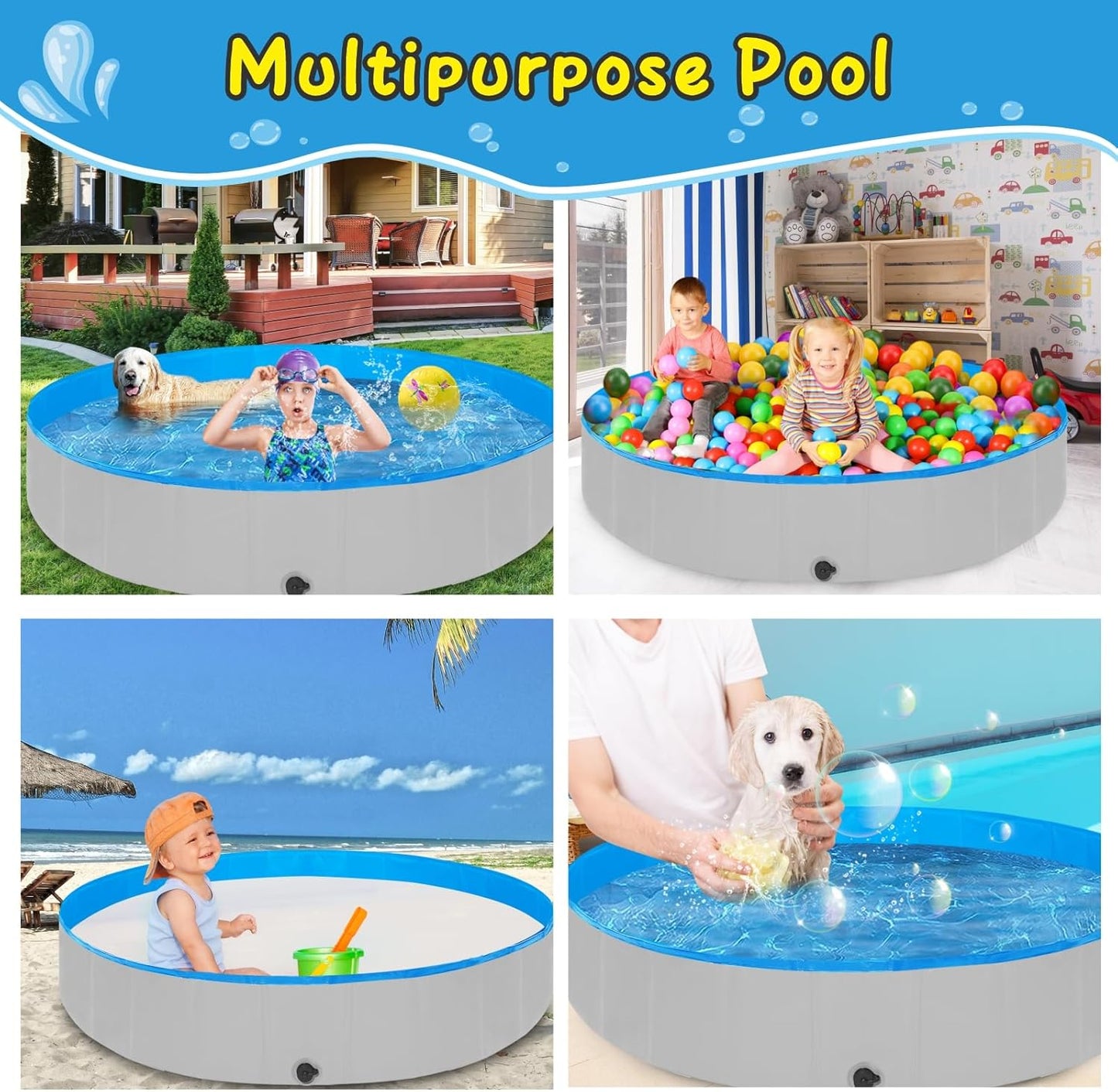 Extra Large Foldable Dog Pools for Large Dogs Heavy Duty,97"x16" Anti-Slip Portable Swimming Pool,Hard Plastic Kiddie Pool for Pets Dogs Cats & Kids