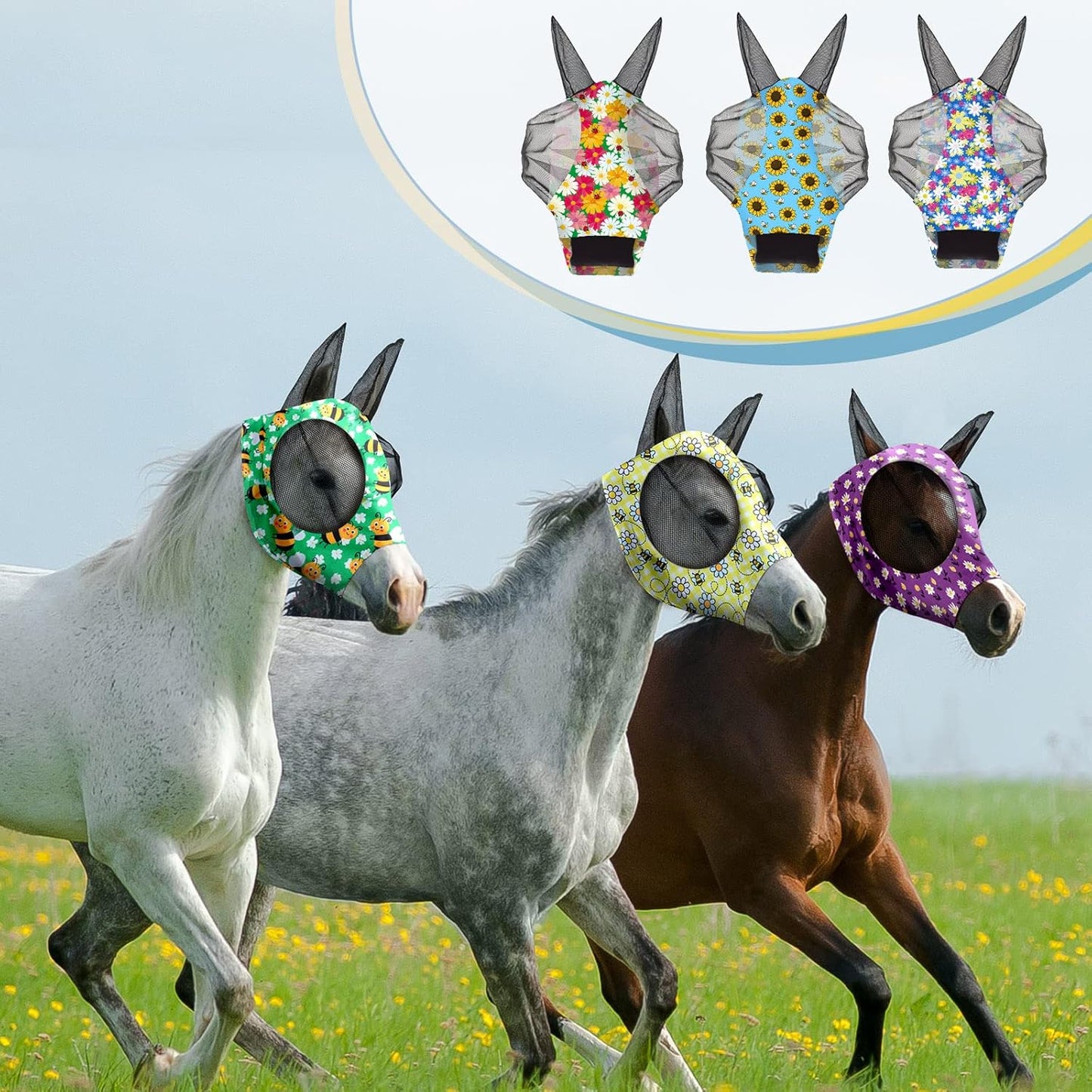 Chunful 6 Pcs Horse Fly Masks for Horses with Ears Smooth and Comfortable Fly Masks Cashel Fly Mask Elasticity Horse Face Mask Horse Masks Covering for Horses Riding Supplies(Large, Floral)