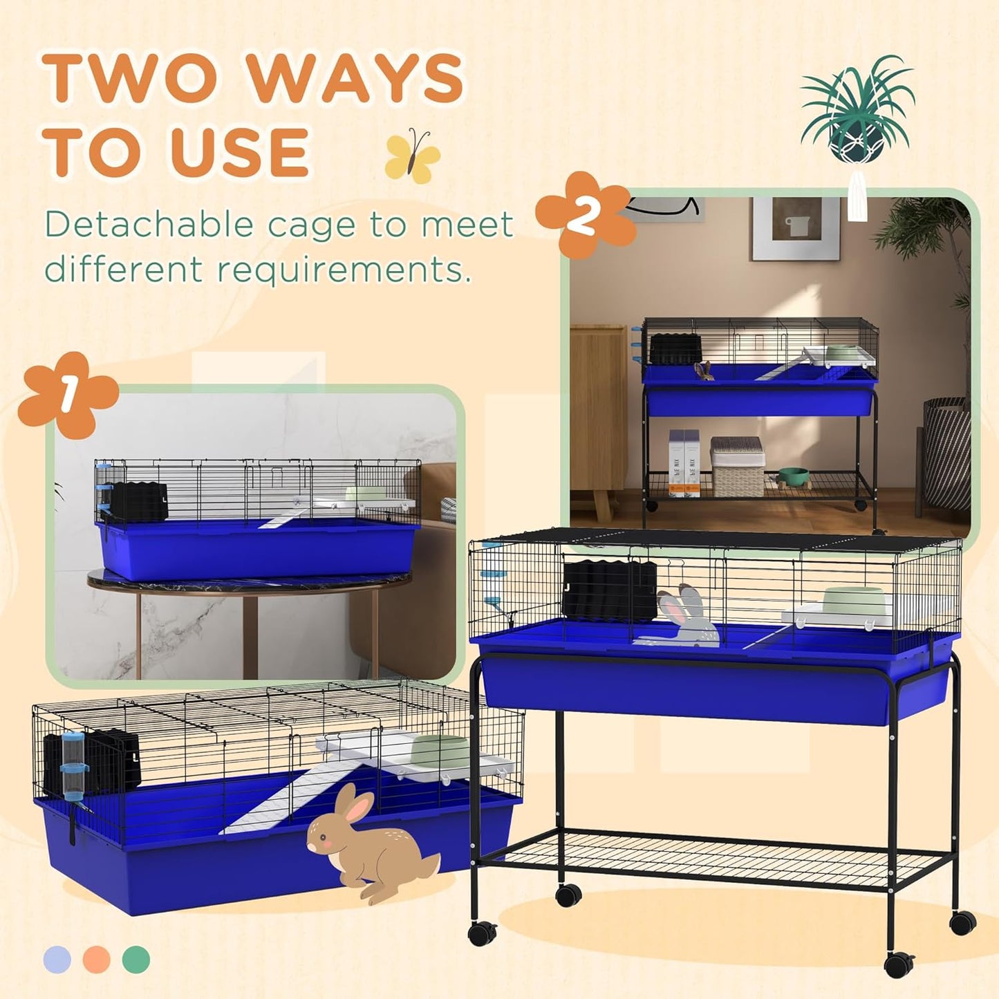 PawHut Two-Story Small Animal Cage Removable from Stand, Guinea Pig Cage with Shelf & Wheels, Pet Habitat for Hedgehog, Chinchilla, Ferret, 39" x 20.5" x 36.5", Blue