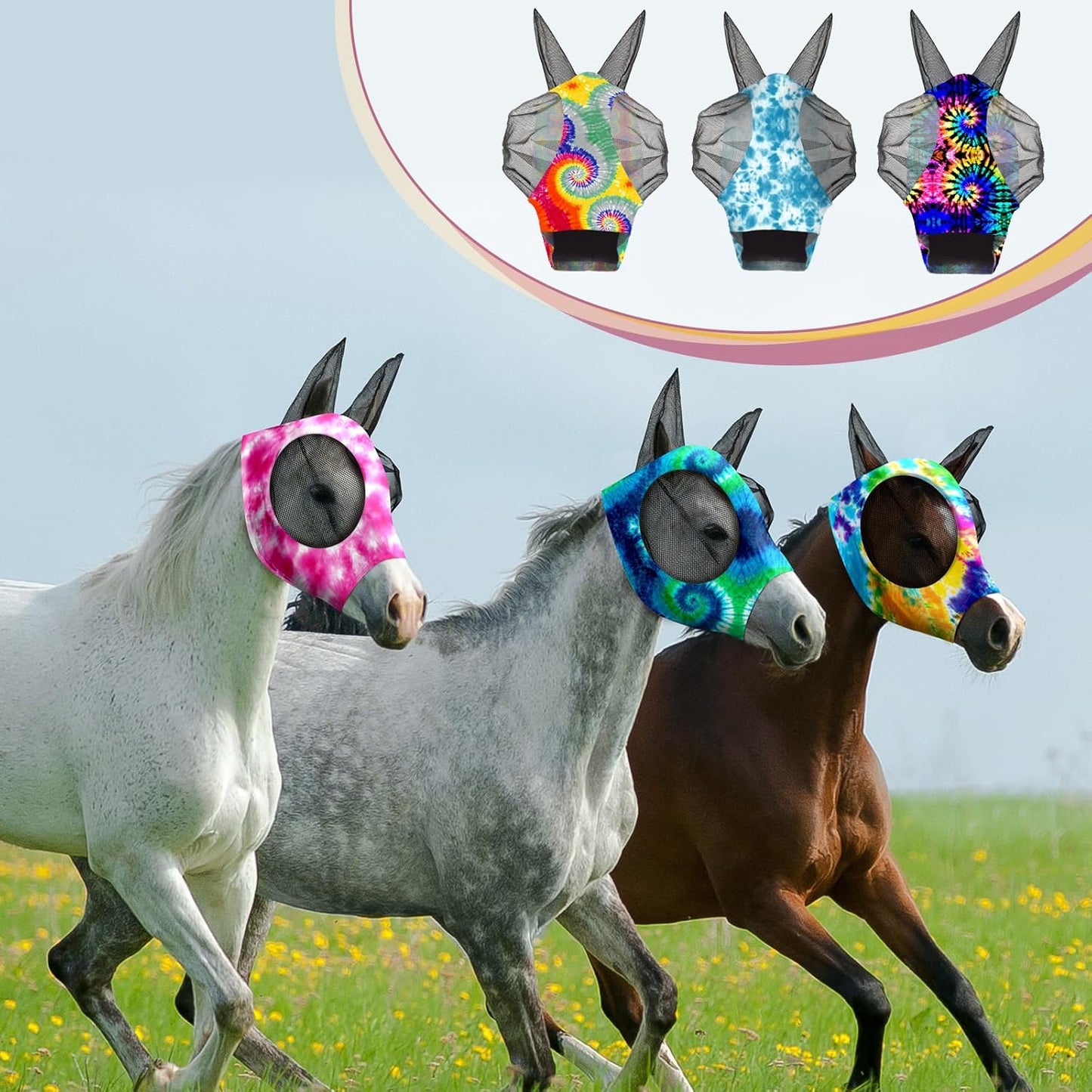Chunful 6 Pcs Horse Fly Masks with Ears Smooth and Comfortable Cashel Mesh Fly Mask Elasticity Breathability UV Protection Horse Face Covering for Riding Supplies(Tie Dye,Medium)