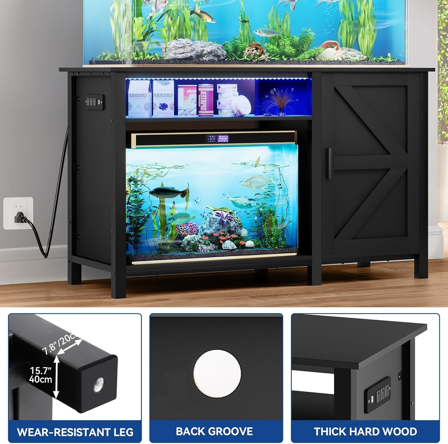 Aquarium Stand for 55-75 Gallon Fish Tanks with RGB Light Strip Black Modern Contemporary Wood