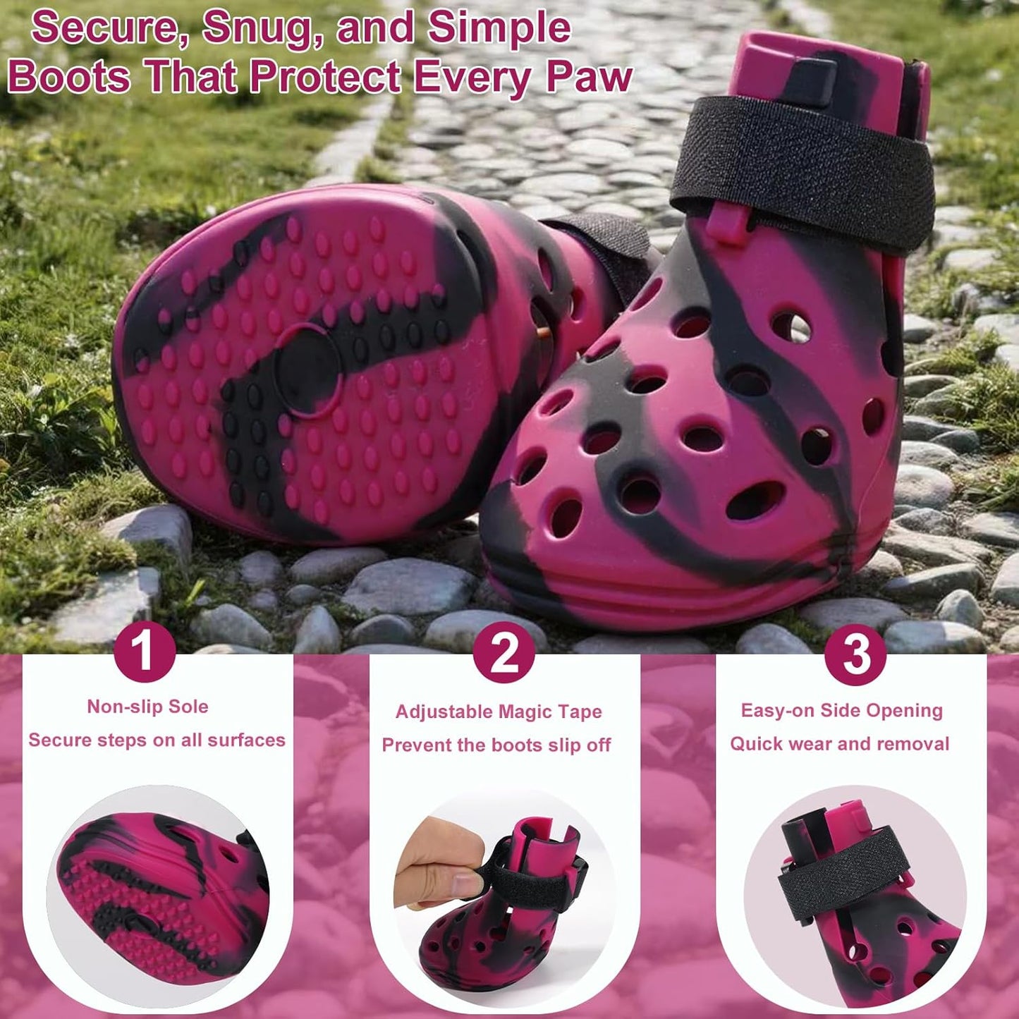 Dog Shoes for Hot Pavement and Snow, Silicone Dog Booties for Small Medium Large Dogs, Waterproof Paw Protectors- Non-Slip, Adjustable Straps, Dog Boots for Beach/Rain/Hiking (Black Pink, L)