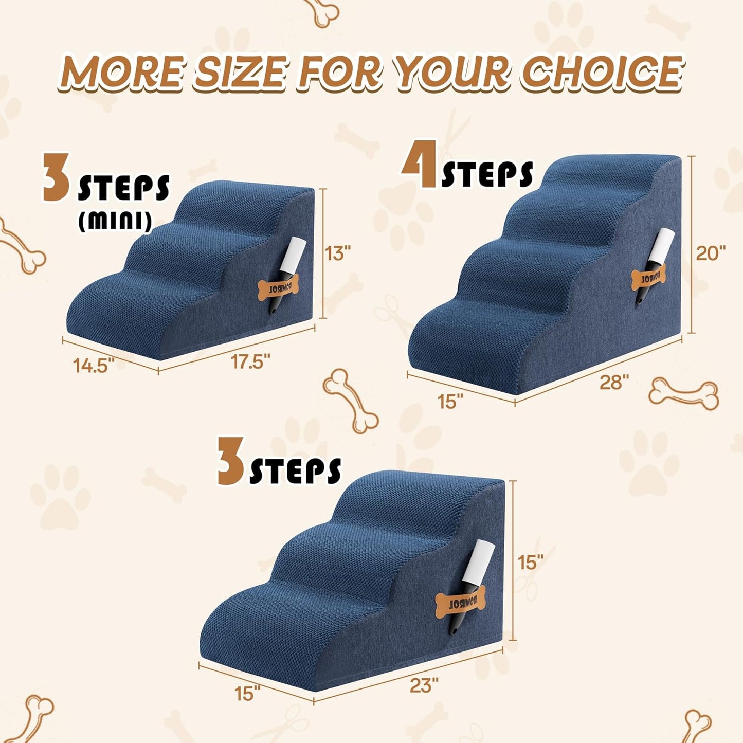 Romrol Dog Stairs Ramp for High Beds Couches, High Density Foam Pet Steps with Durable Non-Slip Waterproof Fabric Cover, Dog Stairs for Small Dogs or Cats or Pets, 3-Step,15 Inch,Dusty Blue
