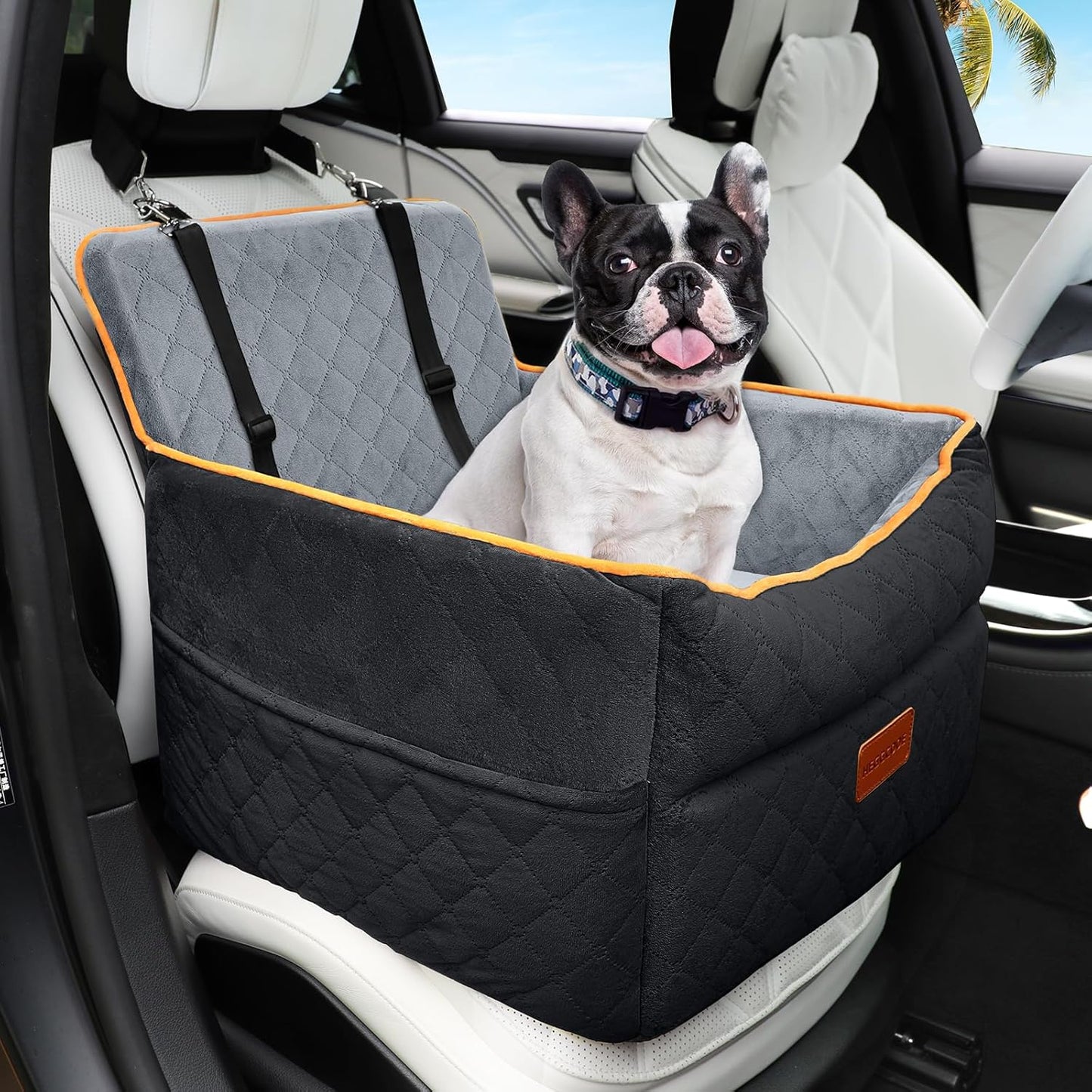 Small Dog Car Seat, Memory Foam Dog Booster Seats with Thick Cushion for Medium Dogs Under 35lbs, Detachable Washable Pet Car Seat Bed with Storage Pockets,2 Safety Belts