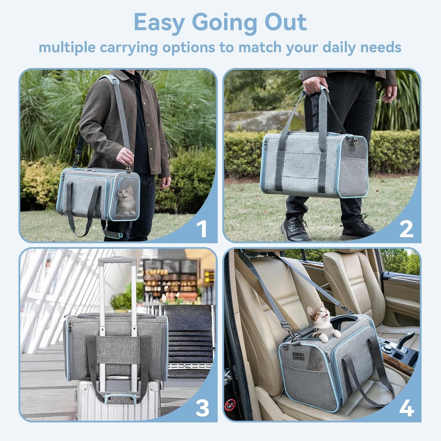 Petsfit Small Cat Carrier Soft Airline Approved Expandable Carrier for Kitten Puppy Bunny, 16"X10"X9“