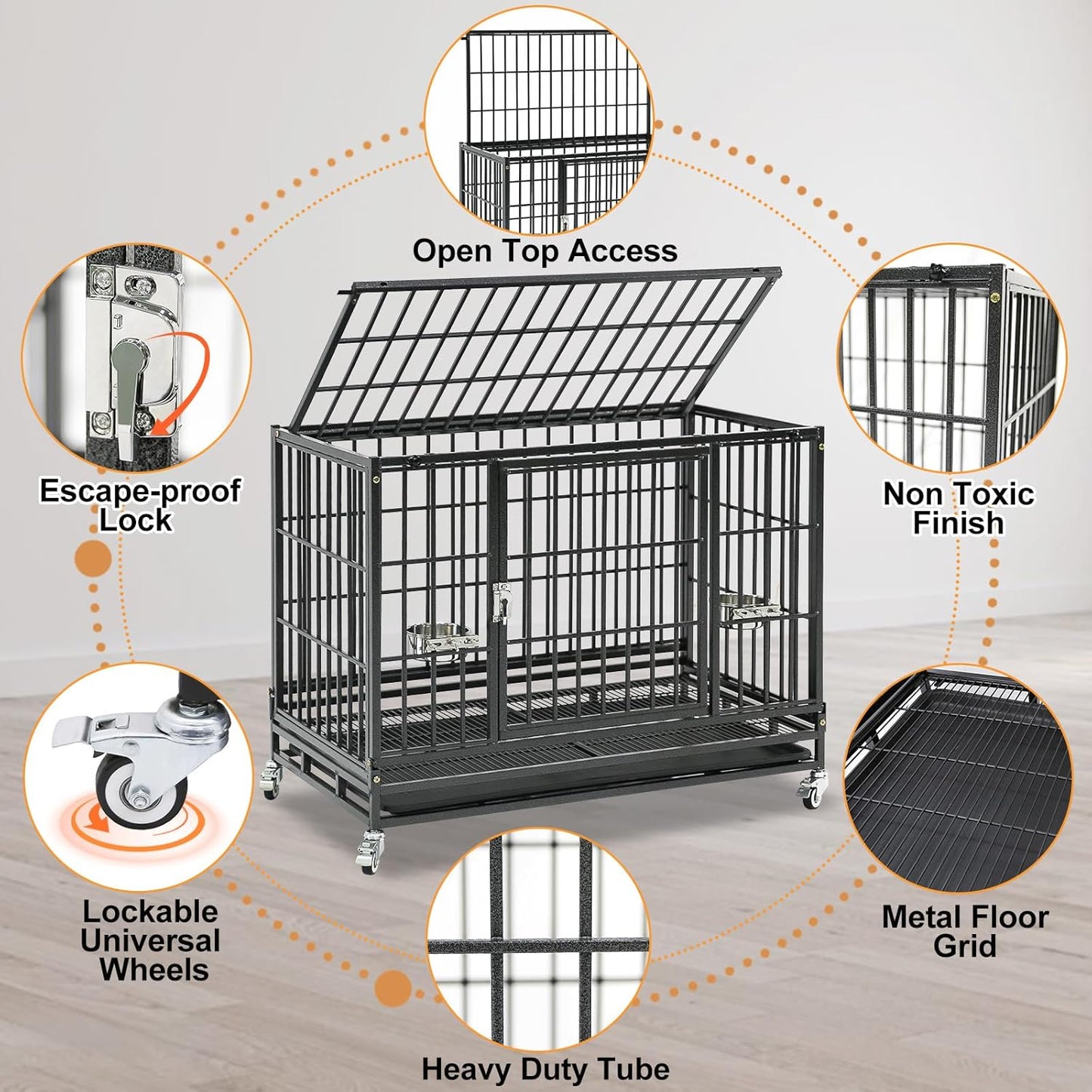 Homey Pet 2 Pack Three Levels 37 Inch Dog Crate, Escape Proof Dog Cage Kennel Indoor with Top Access and Lockable Wheels, Removable Tray, Heavy Duty Dog Crates for Medium/Small Dogs