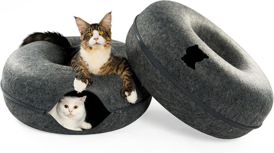 Cattasaurus Peekaboo Cat Cave, Extra Spacious for Multiple & Large Cats 12+ lbs, Scratch Detachable Beds for Indoor Cats, Washable Tunnel Bed, Comfy Cat Donut Tunnel (Dark Gray+Dark Gray, Jumbo)