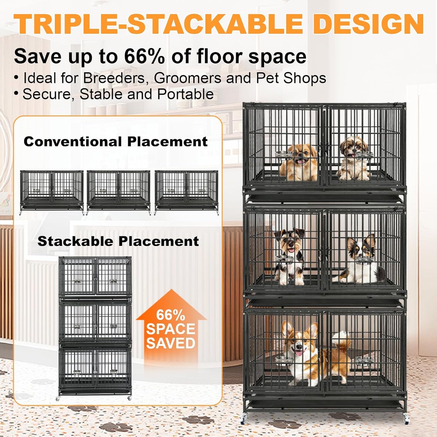 Homey Pet 4 Pack Three Tiers 43 inch Dog Crate with Wheels, Stackable Heavy Duty Indestructible Steel Dog Cage Kennel Indoor with Detachable Divider, Tray, Bowls, Escape Proof Locks