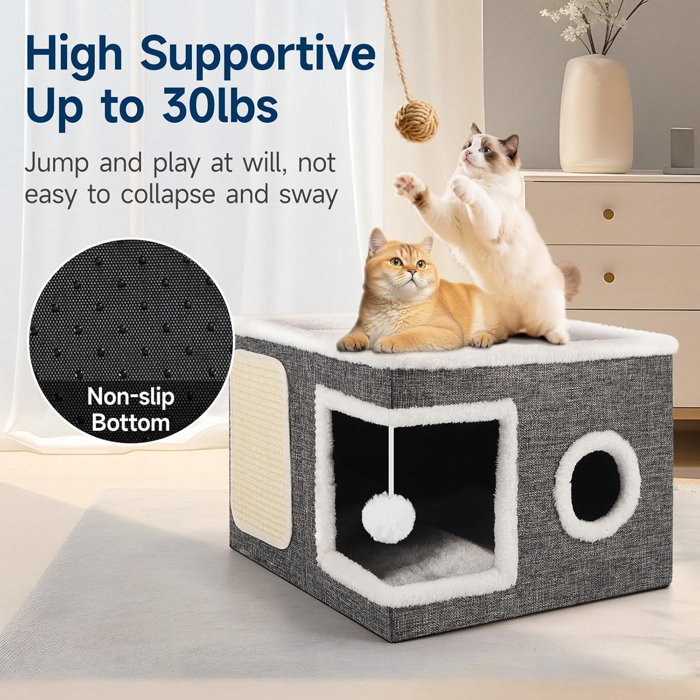 Cat Beds for Indoor Cats, Large Cat Cave with Cozy Condo, Fluffy Hanging Ball, Round Window, Foldable Indoor Cat House Hold Up to 30LBS, Cat Hideaway with Double-Sided Soft Cushions for All Seasons