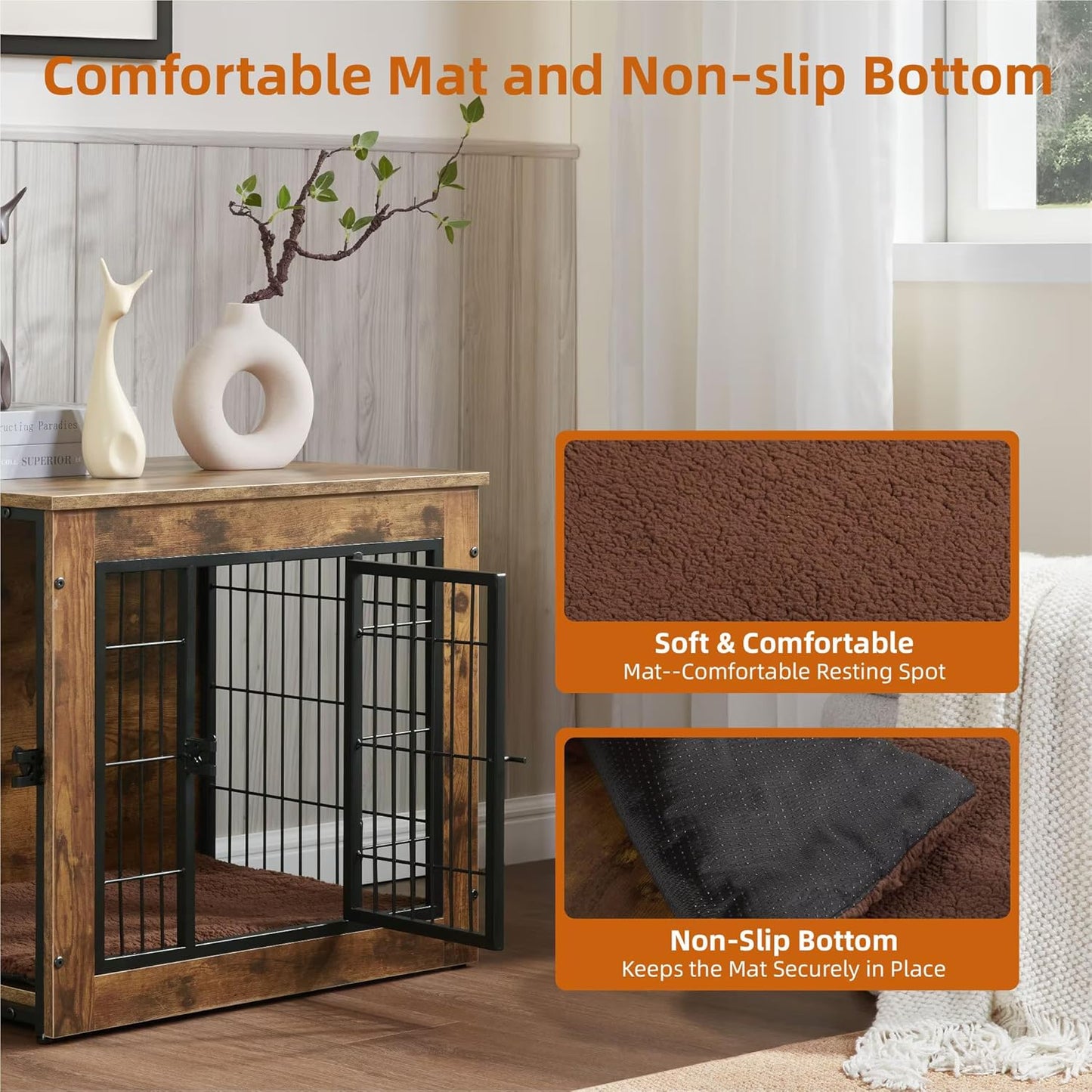 FLEXIMOUNTS Dog Crate Furniture with Cushion, Wooden Dog Kennel Furniture, Heavy Duty Dog Cage, 27" Dog Kennel with Double Doors