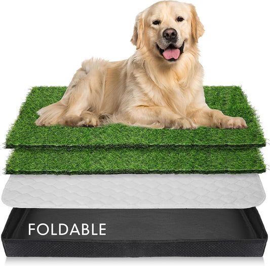35'' x 22.6'' Dog Grass Pad Large Patch Potty with 2 Artificial Dog Grass Washable Puppy Pee Pad Foldable Dog Litter Box Indoor Outdoor Dog Potty Portable Pet Loo for Travel Balcony