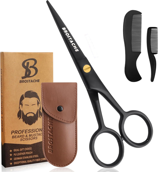 5” Professional Beard and Mustache Scissors, German Steel Beard Scissors Come with Mustache Comb, Beard Comb and Carrying Pouch. Grooming Scissor for All Facial Hair Scissors (Black).