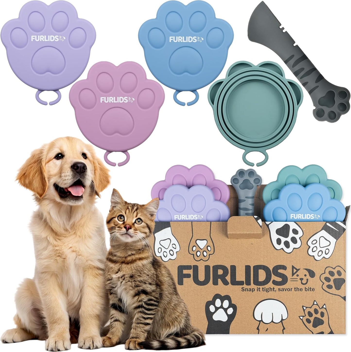 FurLids Silicone Pet Food Can Cover Lids Spatula for Dog & Cat Fresh Wet Food | Fits 3, 5.5, 12 oz | Airtight Snap Seal, Reusable, Dishwasher & Fridge Safe (Multicolor lids and grey spatula)