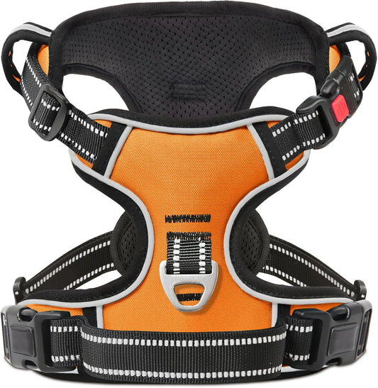 Timos Dog Harness Large Sized, No Pull with Neck Lockable Snap,No Choke Front Clip Dog Reflective Harness,Adjustable Metal Rings 3 Buckles,Easy Control Handle for Large Dogs Orange L