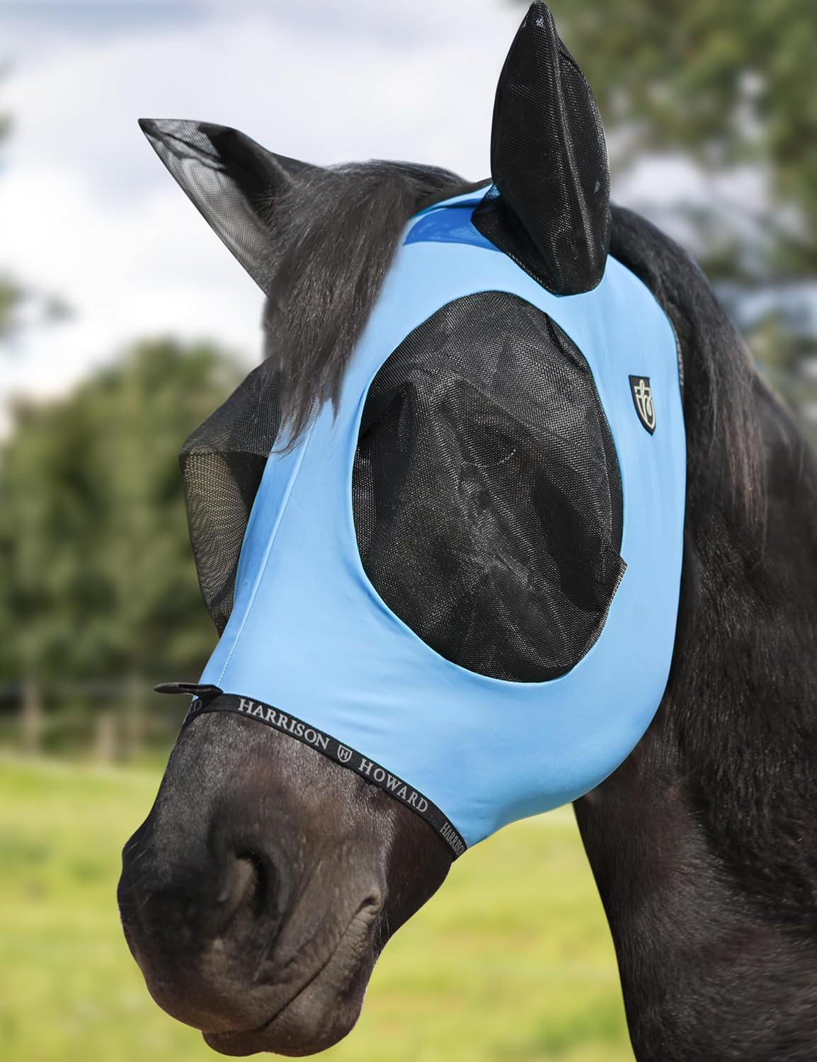 Harrison Howard Horse Fly Mask with Forelock Opening Stretch Breathable and Comfortable for Horses UV -Protection Ice Blue M