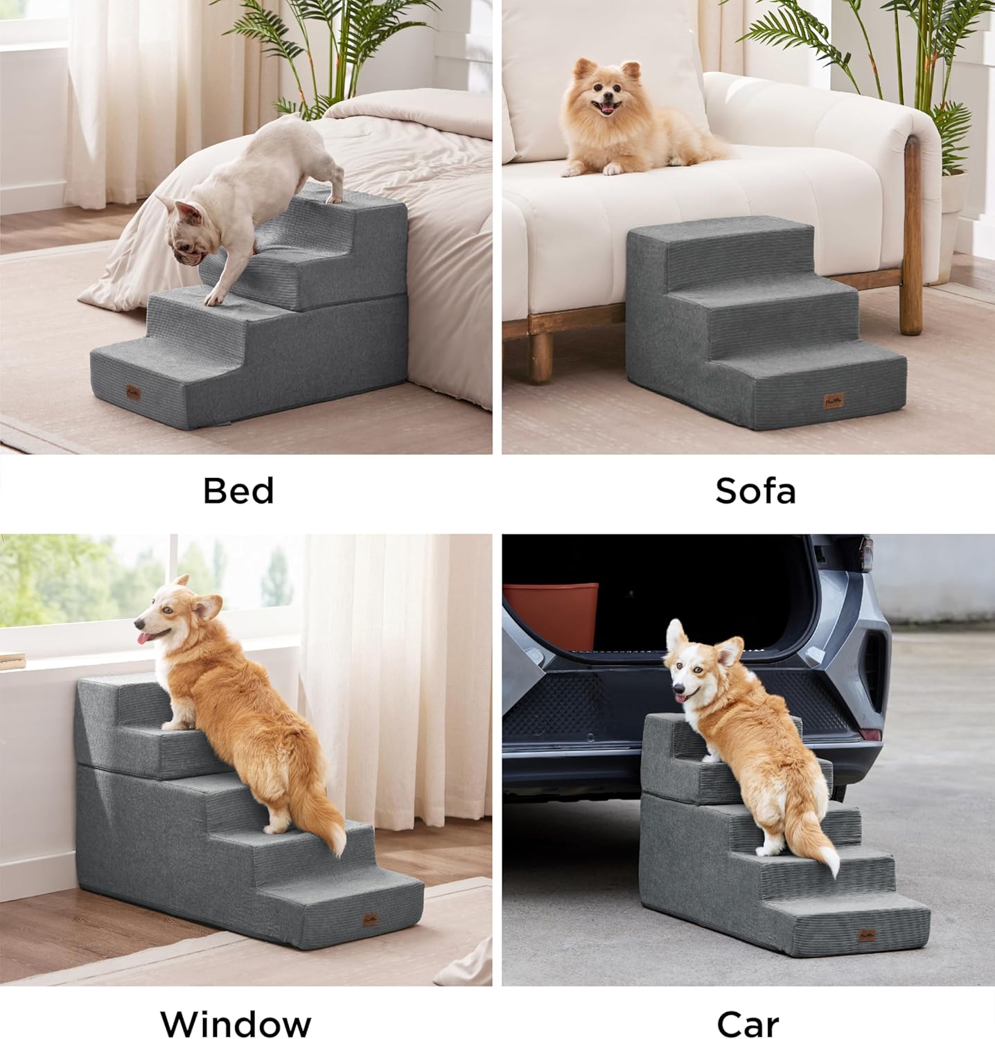 Made4Pets Dog Stairs for High Bed, Extra Wide Pet Stairs for Bed Couch Sofa, 35D Foam Pet Steps for Small Dogs and Cats, Non-Slip Bottom Dog Steps, Grey, 5 Steps