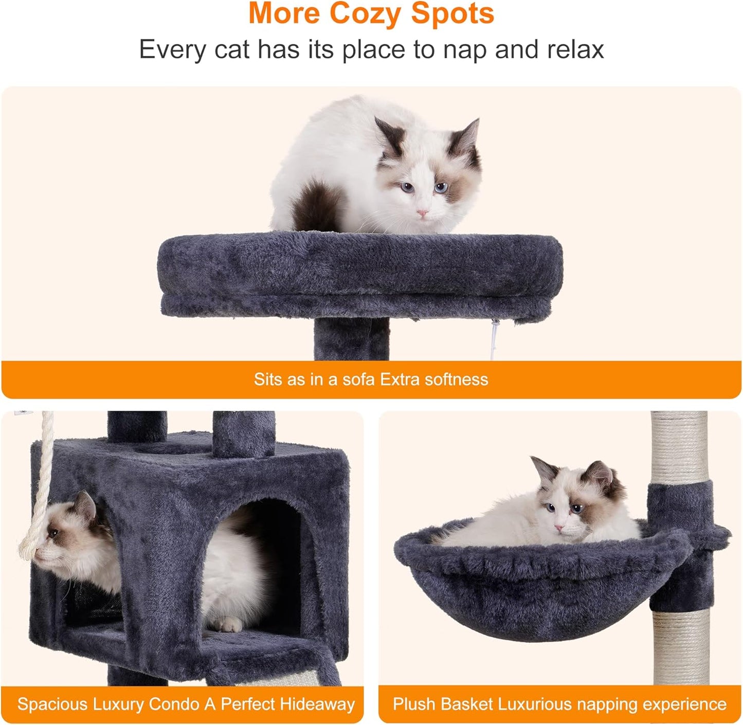Heybly Cat Tree, Cat Tower for Indoor Cats with Scratching Board, Multi-Level Cat Furniture Condo with Feeding Bowl Smoky Gray HCT010SG