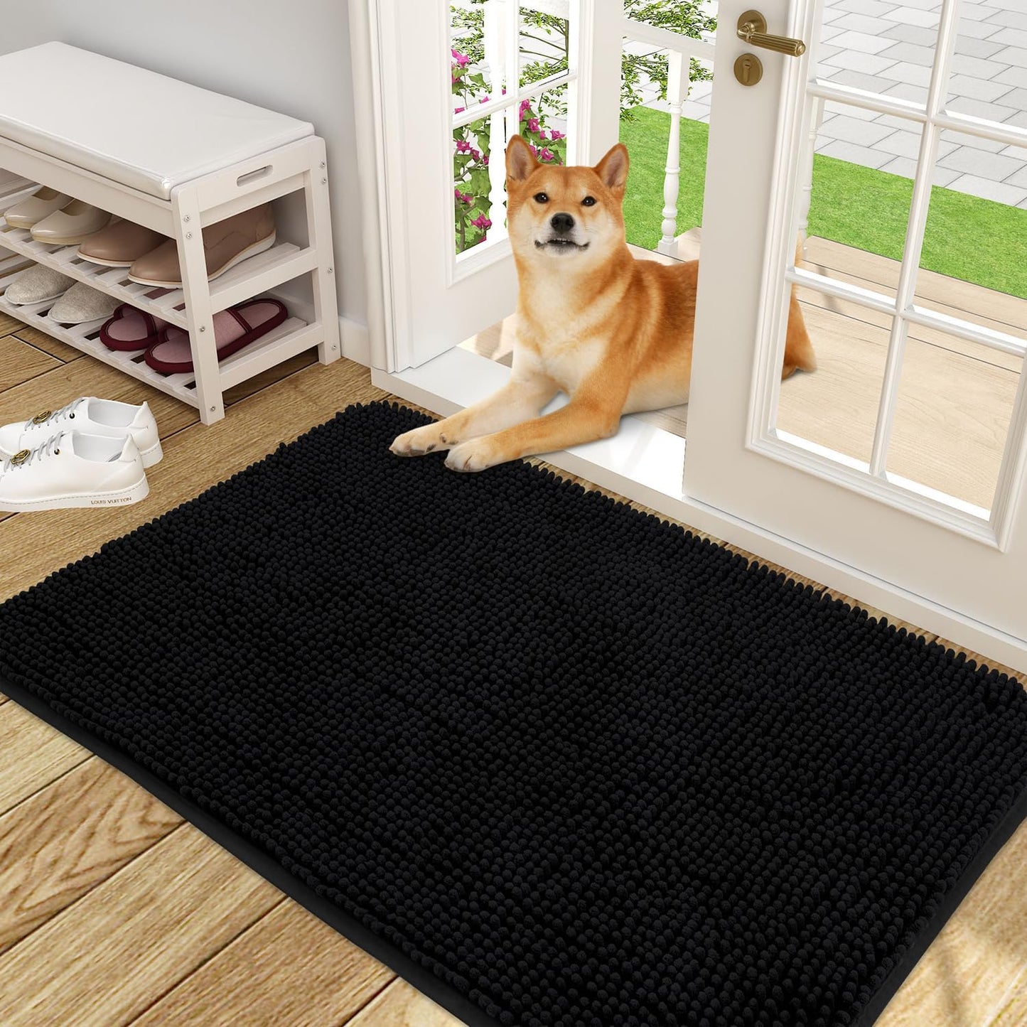 OLANLY Dog Door Mat for Muddy Paws 48x30, Absorbs Moisture and Dirt, Absorbent Non-Slip Washable Doormat, Quick Dry Chenille Mud Mat for Dogs, Entry Indoor Entryway Carpet for Inside Floor, Black