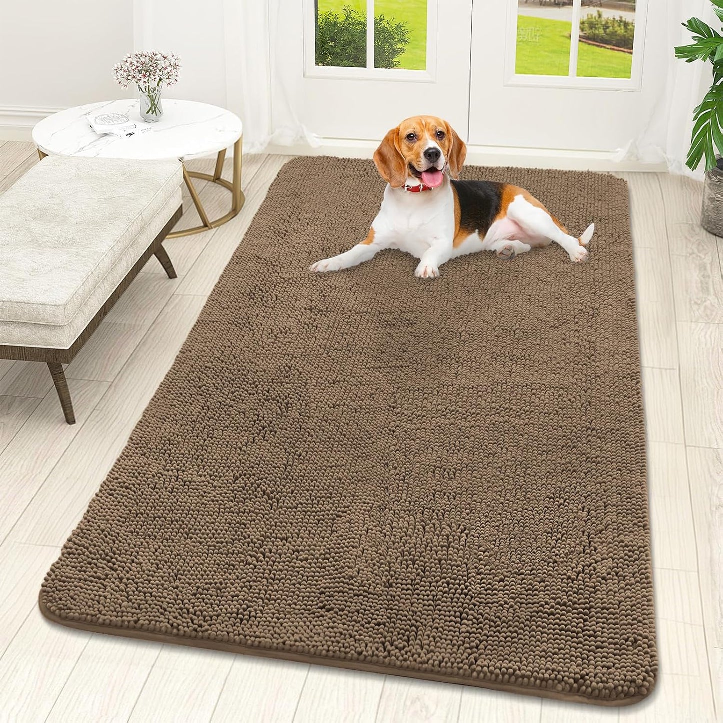 OLANLY Dog Door Mat for Muddy Paws 59x32, Absorbs Moisture and Dirt, Absorbent Non-Slip Washable Doormat, Quick Dry Chenille Mud Mat for Dogs, Entry Indoor Entryway Carpet for Inside Floor, Tan