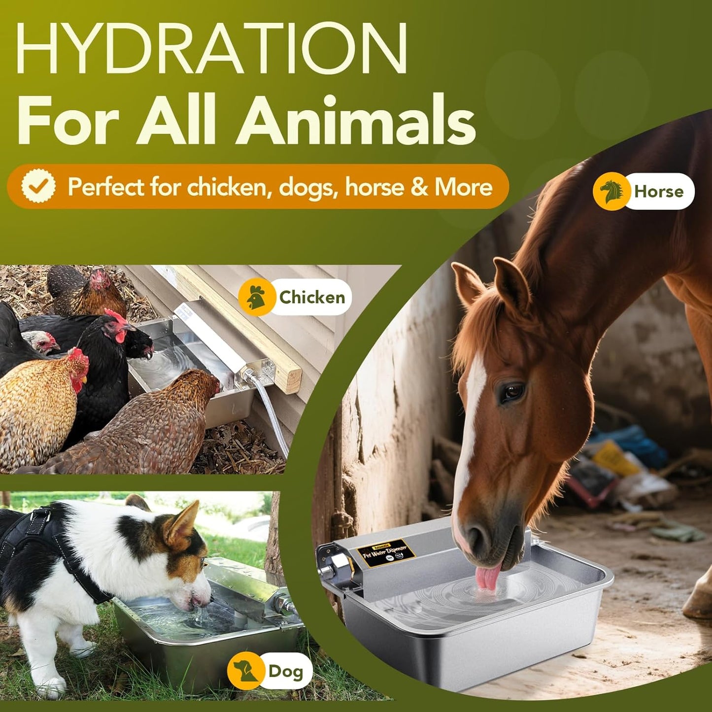 Automatic Water Dispenser for Dogs 2 Gallons, 304 Stainless Steel Dog Water Bowl Dispenser for Farm Chicken Pets Indoor&Outdoor Dog Waterer Feeder Fit 3/4'' GHT Faucet Auto Filling Wide Drinking Area