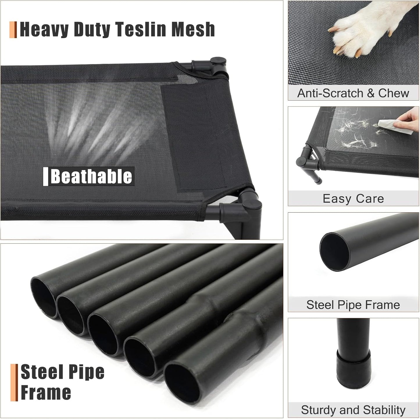 Elevated Dog Bed for Medium Dogs, Raised Dog Cot Beds Fits Up to 150 LBs, Heavy Duty Pet Cots with Durable Supportive Teslin Recyclable Washable Mesh, Indoor & Outdoor Dog Bed, Black