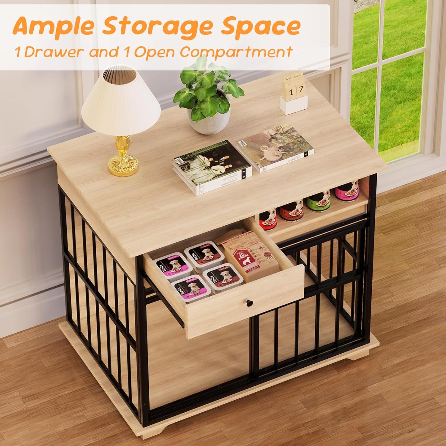 35.5" Dog Crate Furniture, Wooden Dog Crate Furniture for Medium Small Dogs, Wooden Dog Kennel End Table with Drawer and Open Shelves, Sliding Door Dog Kennel Furniture