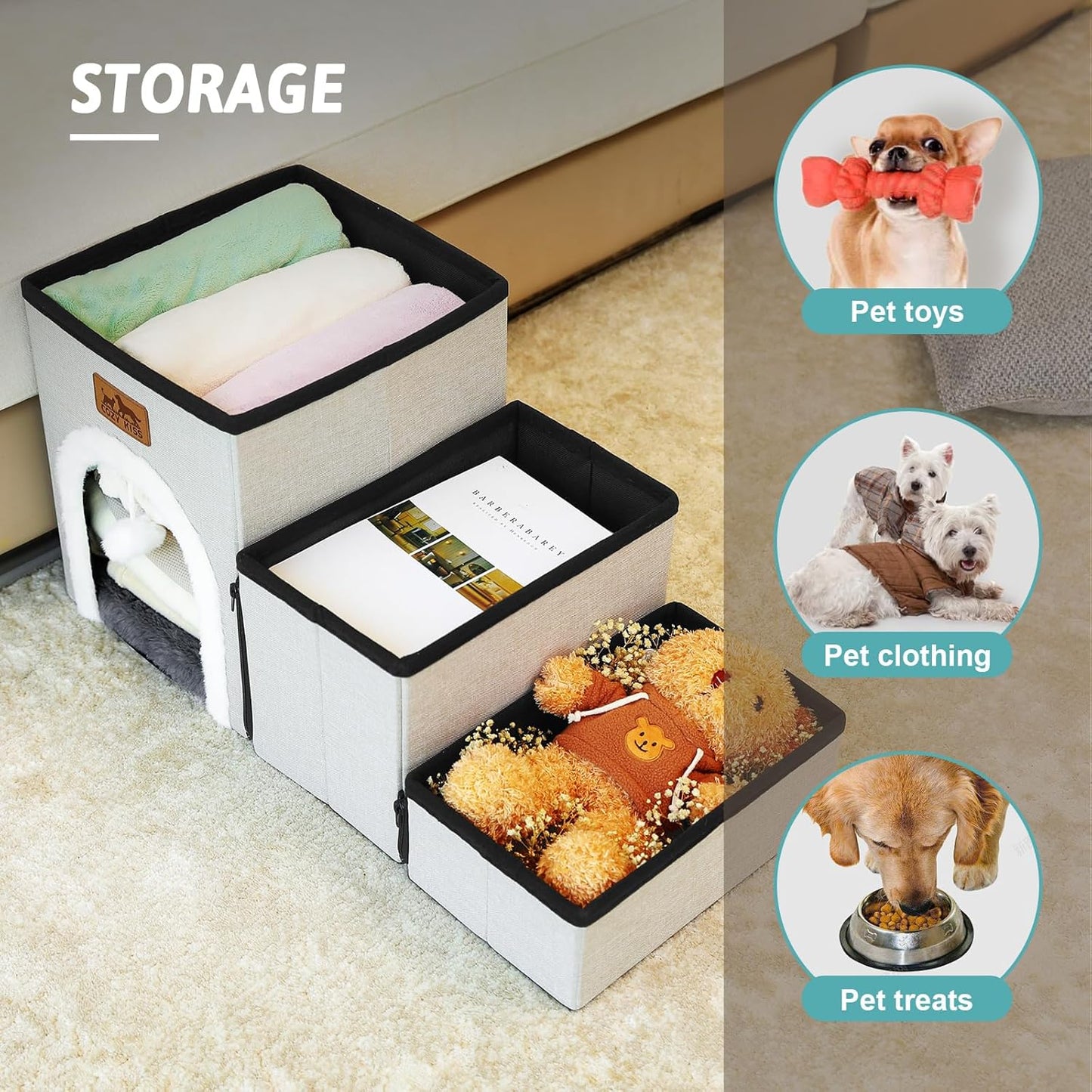 Dog Stairs for Small Dogs with Storage and Condo, 14" H Foldable Pet Stairs for Small Medium or Puppy Dogs and Older Cats, Dog Steps for Bed or Couch, 13x27x14 inch, 3 Tiers, Grey