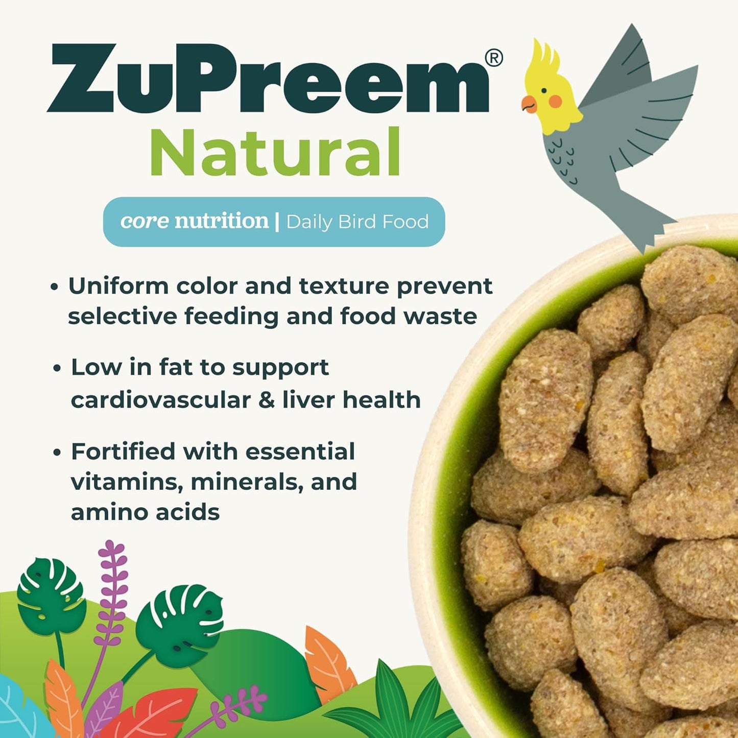 ZuPreem Natural Bird Food, Bird Feed Pellets for Amazons, Cockatoos & Macaws, ZuPreem Core Nutrition, Made in USA, Added Vitamins, Cockatoo Food, Macaw Feed, (Large, 3 lb Bag)